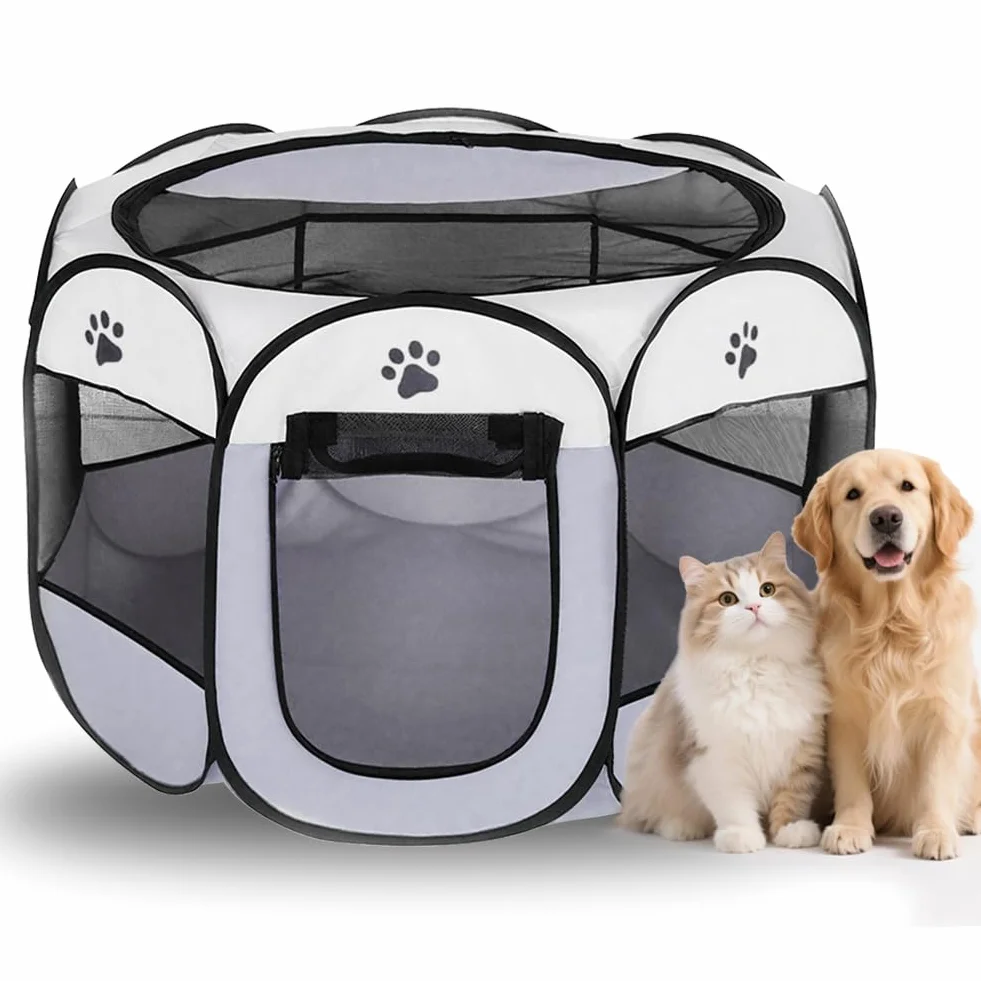 Parque plegable para mascotas 74 x 74 x 43 cm, de tejido Oxford y malla transpirable, para interior y exterior, gatos, perros, conejos y animales pequeños (garras de perro gris)