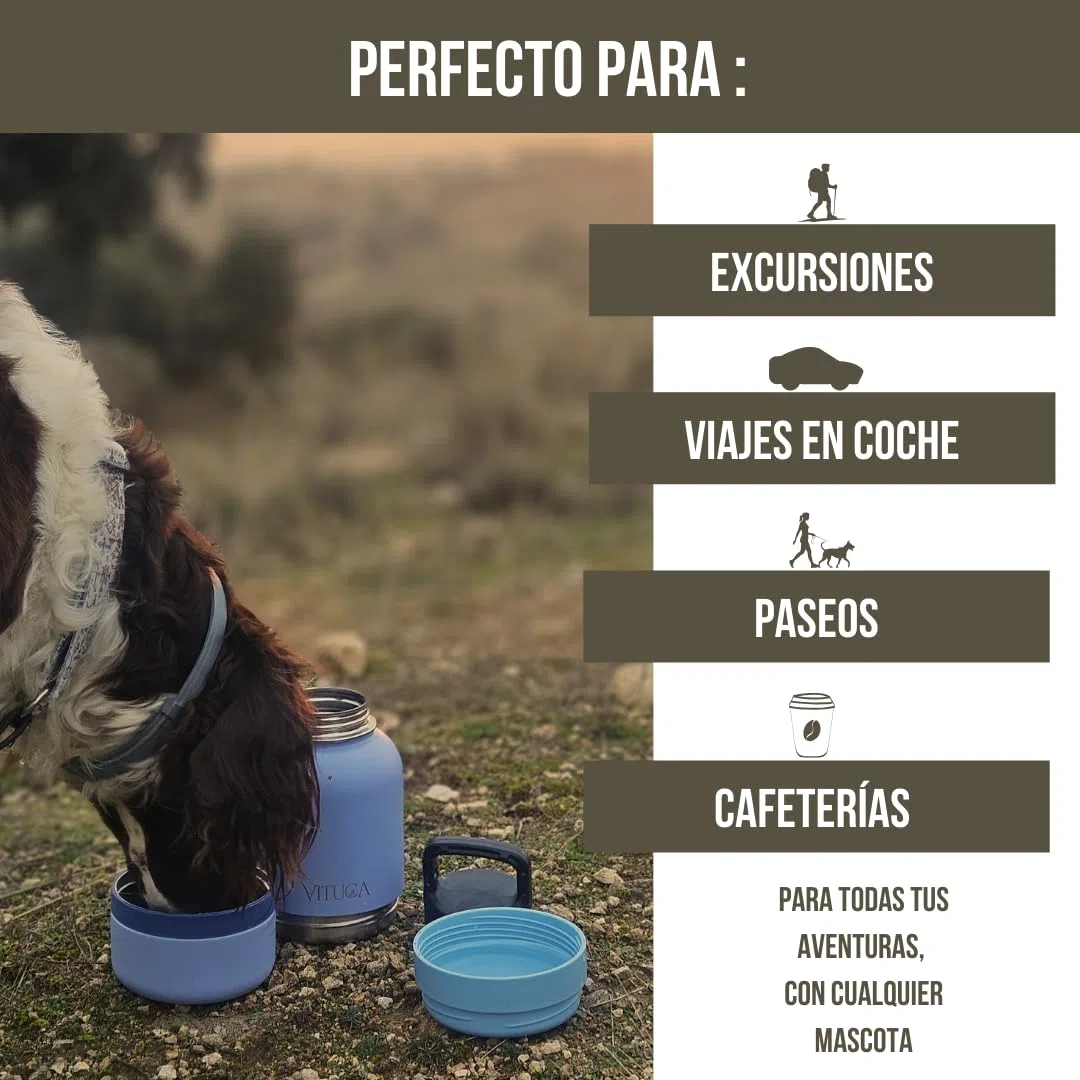 Bebedero Perro Portátil 1L de Acero Inoxidable Aislado | Botella Agua Perro Ultra Resistente con Compartimentos para Comida o Premios | Sistema 2 en 1 para Paseo y Viaje