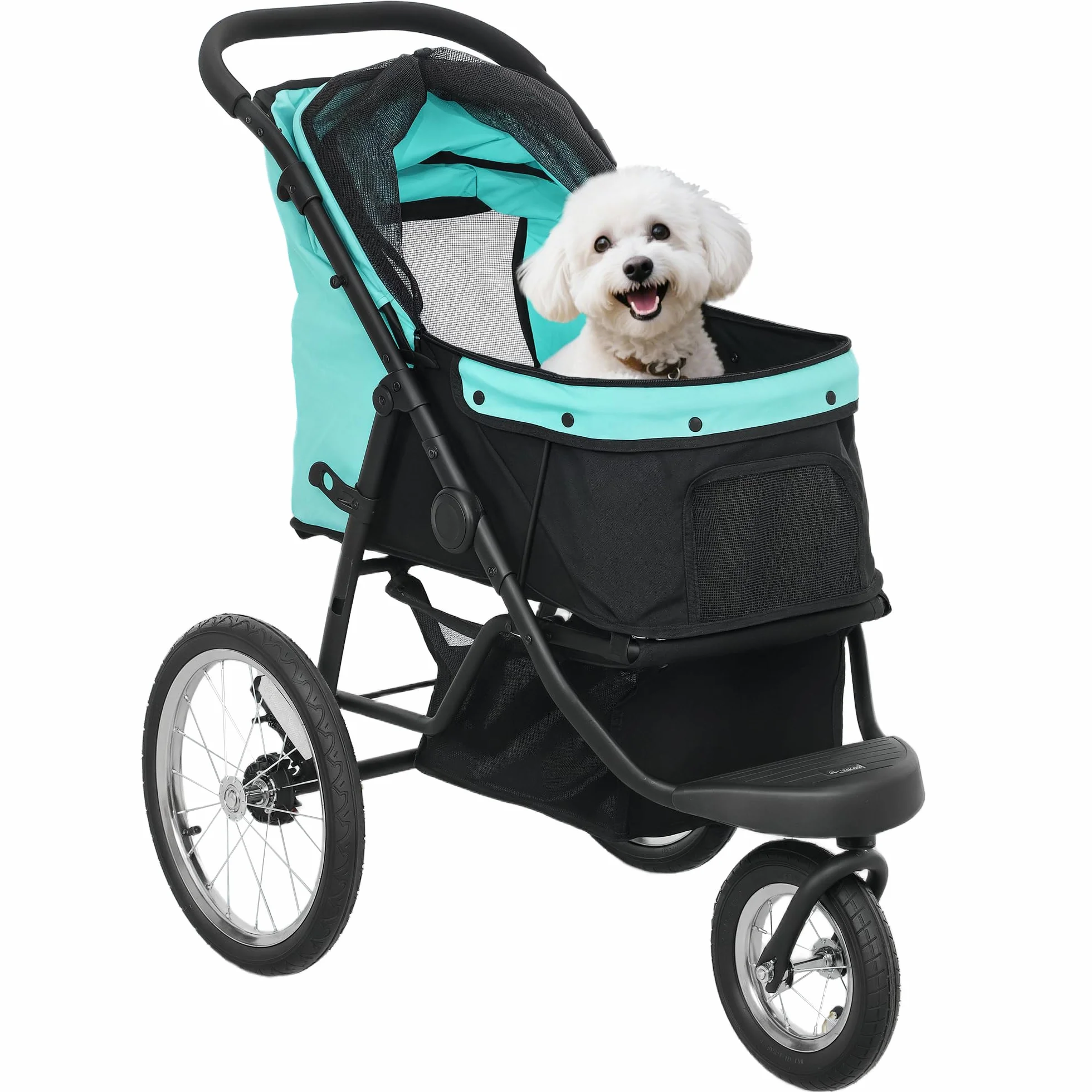 PawHut Carrito para perros y gatos, plegable, para perros pequeños y gatos de hasta 10 kg, con 3 ruedas de goma grandes, cojín para ventanas de red, cesta de almacenamiento con correa de seguridad