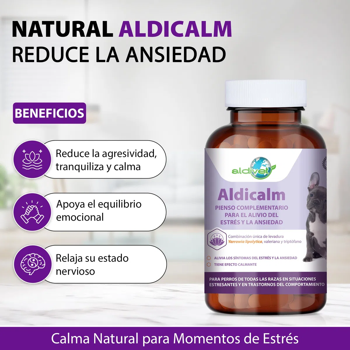 Aldivet Aldicalm Suplemento para Estrés y Ansiedad en Perros - Para Viajes, Visitas al Veterinario - Fuegos Artificiales - Serotonina Calmante Natural - Trastorno del Comportamiento en Perros 100 cáp