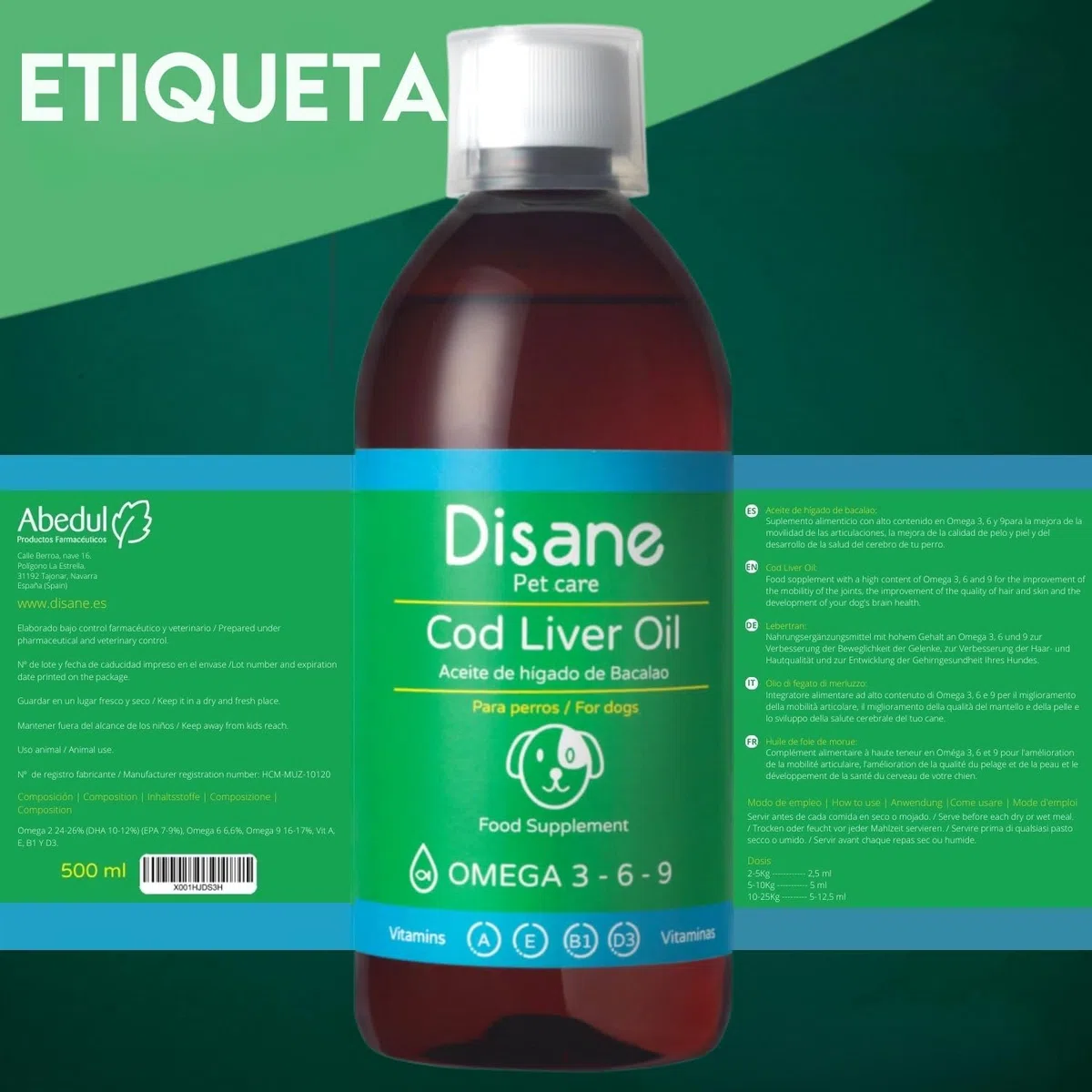 DISANE Aceite de Hígado de Bacalao Perros | 500ml| Suplemento Natural para Cuidado de Las Articulaciones y el Pelaje | Fuente de Omega 3 y Vitaminas para Perros