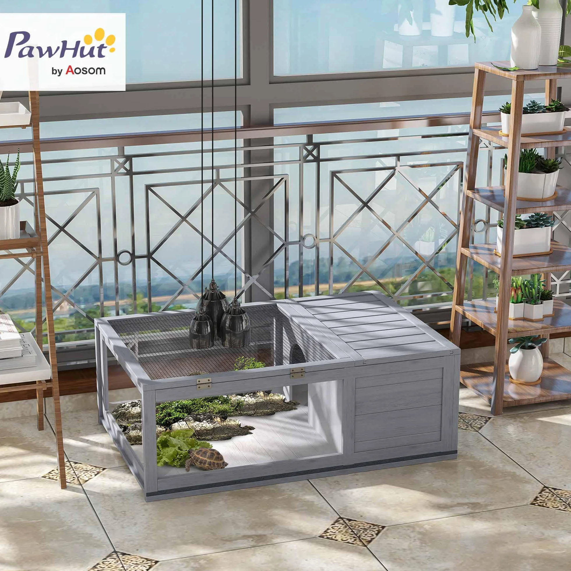 PawHut Casa para Tortugas de Madera, Terrario para Reptiles con Techo de Malla, Paneles Laterales Transparentes Extraíbles y Pestillo de Seguridad, Caseta para Tortugas, 91x60,5x32 cm, Gris