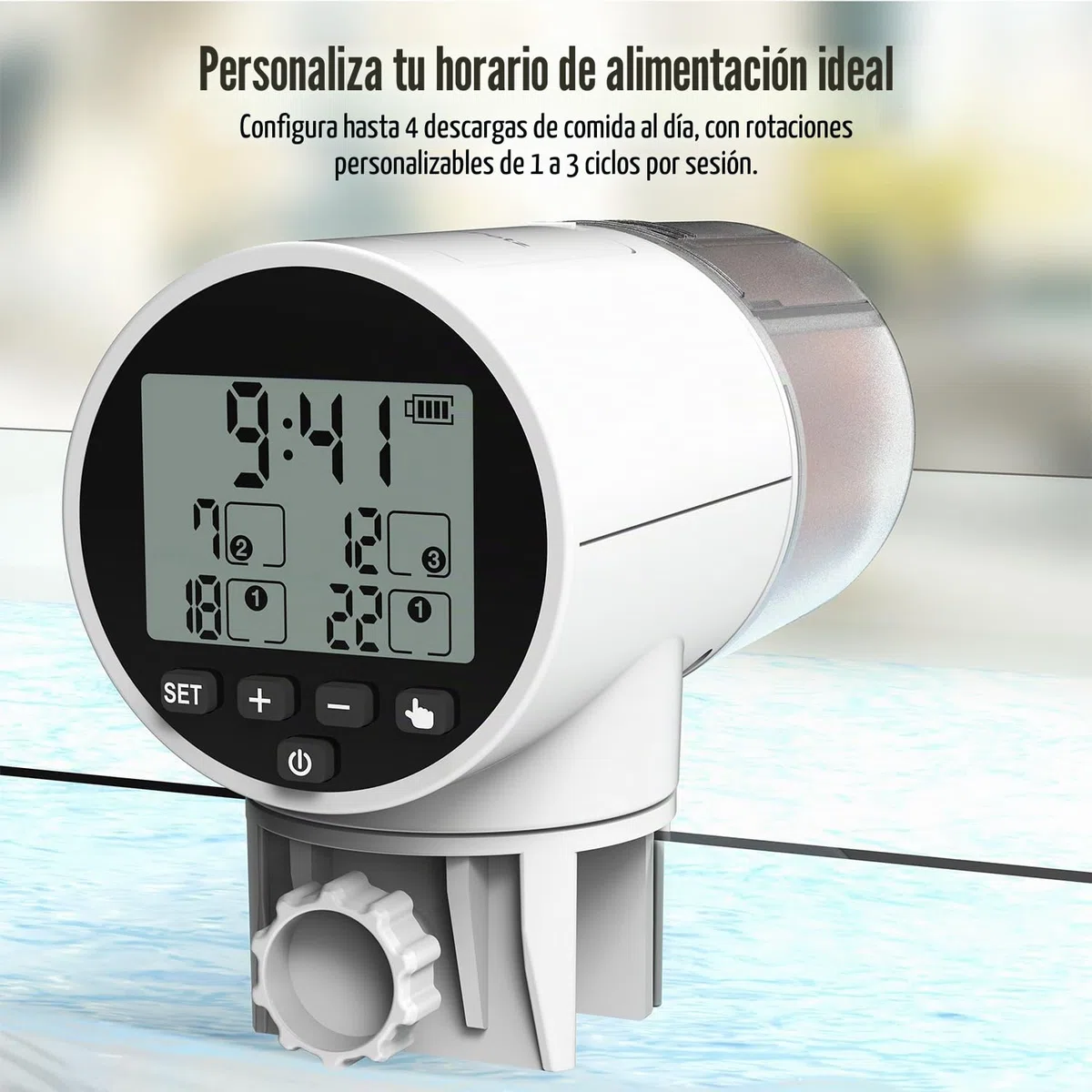 JuzPetz - Comedero automático de Peces | Pantalla Digital y ajustes programables | Comedero automático para acuarios | Accesorios para acuarios |Blanco