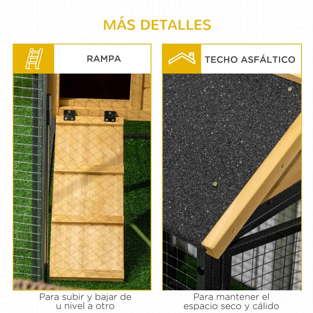 PawHut Conejera de Madera de 2 Niveles Jaula para Conejos con Zona Abierta Techo Asfáltico Bandeja Extraíble Puertas y Rampa Conejera para Exterior 120x55,5x80 cm Natural y Negro