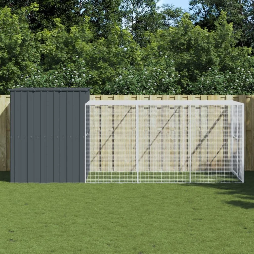 vidaXL Caseta Perros con Corral, Casa Jaula para Mascotas con Tejado, Perrera para Cachorros, Refugio para Animales, Acero Galvanizado Gris