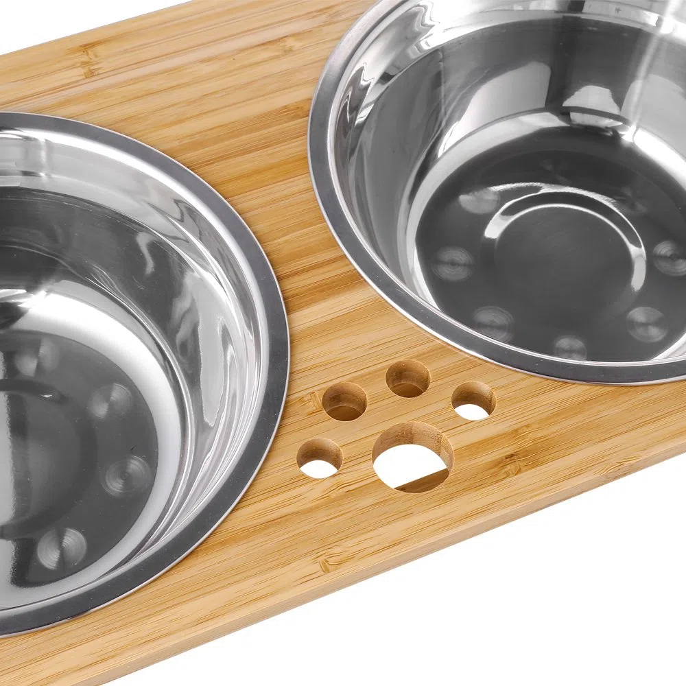 Cajones para Perros levantados para Gatos y Perros - Cajones de Comida y Agua para Gatos con elevaciones de bambú Soportes para alimentadores con 2 tazones de Acero Inoxidable (S)