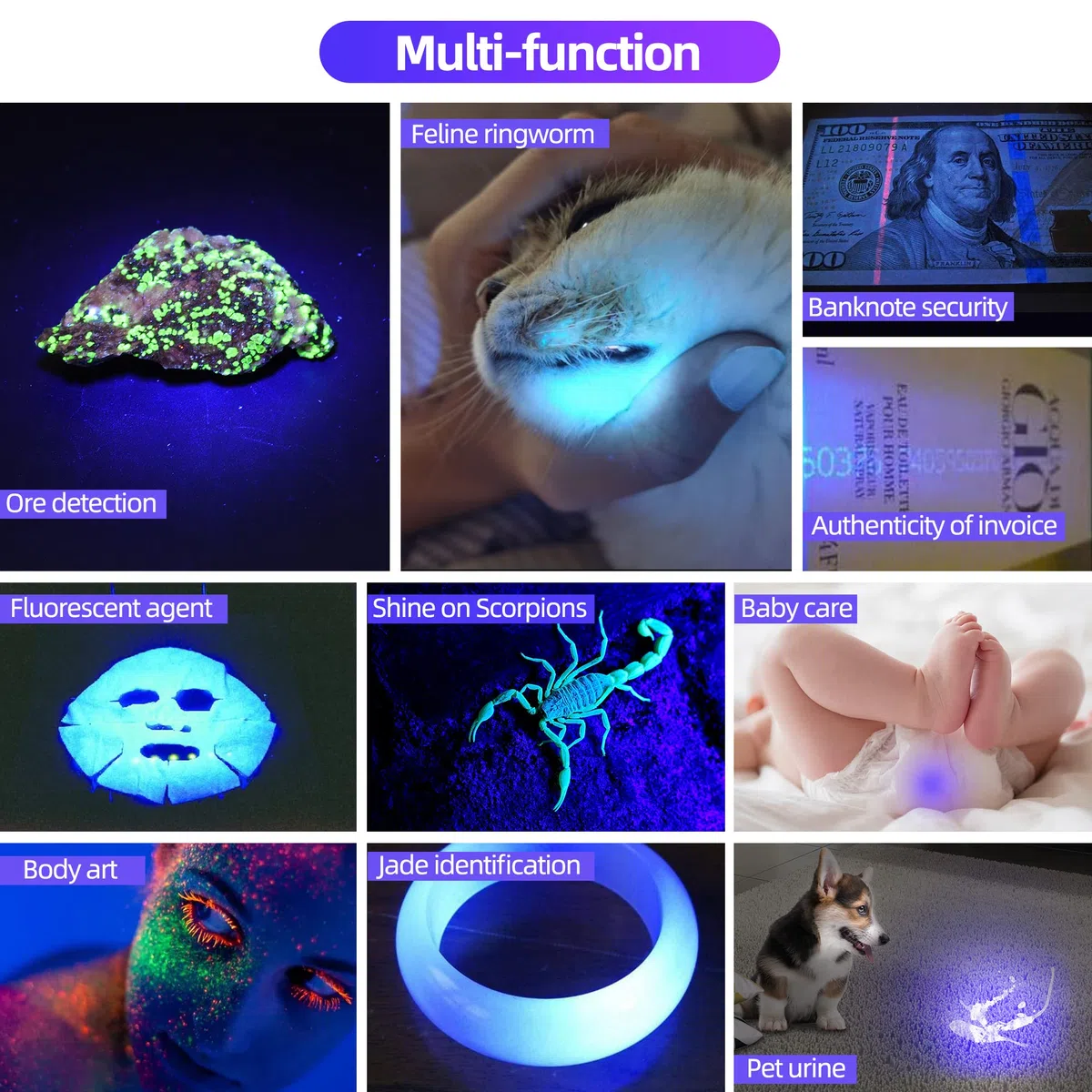 DARKDAWN UV 365nm Luz Linterna USB Recargable, Ultravioleta LED Luz Negra Lámpara de Wood Portátil, Fluorescente Mini Detector de Orina de Mascotas Manchas, Uranio Vidrio, Curado de Resina, 2 Paquete