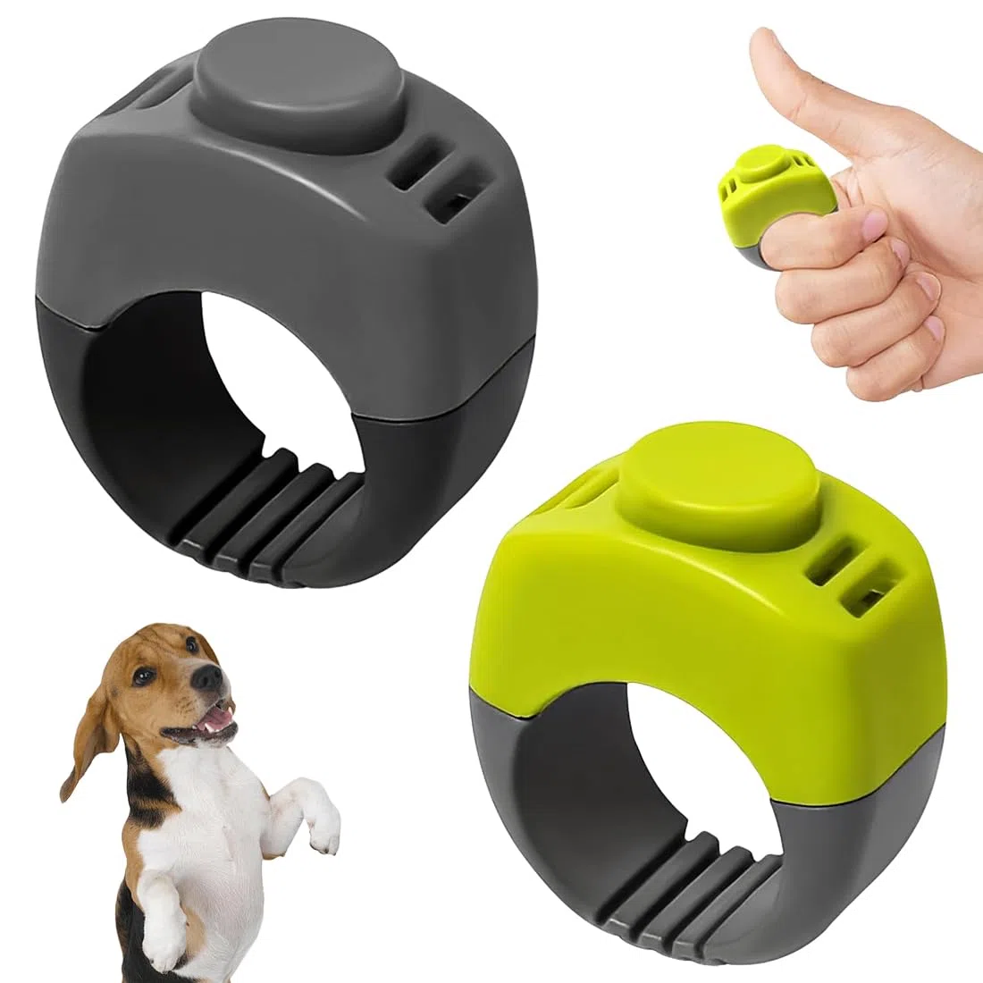 2 Piezas Clicker para Perros de 21 mm,Con Anillo para los dedos, Accesorio Práctico para el Adiestramiento de Mascotas,Clicker con Anillo (Verde Hierba + Gris)