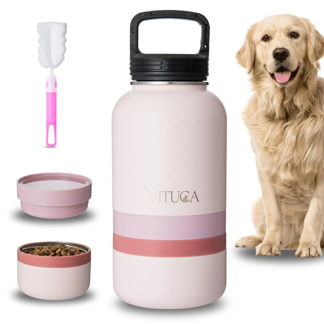 Bebedero Perro Portátil 1L de Acero Inoxidable Aislado | Botella Agua Perro Ultra Resistente con Compartimentos para Comida o Premios | Sistema 2 en 1 para Paseo y Viaje