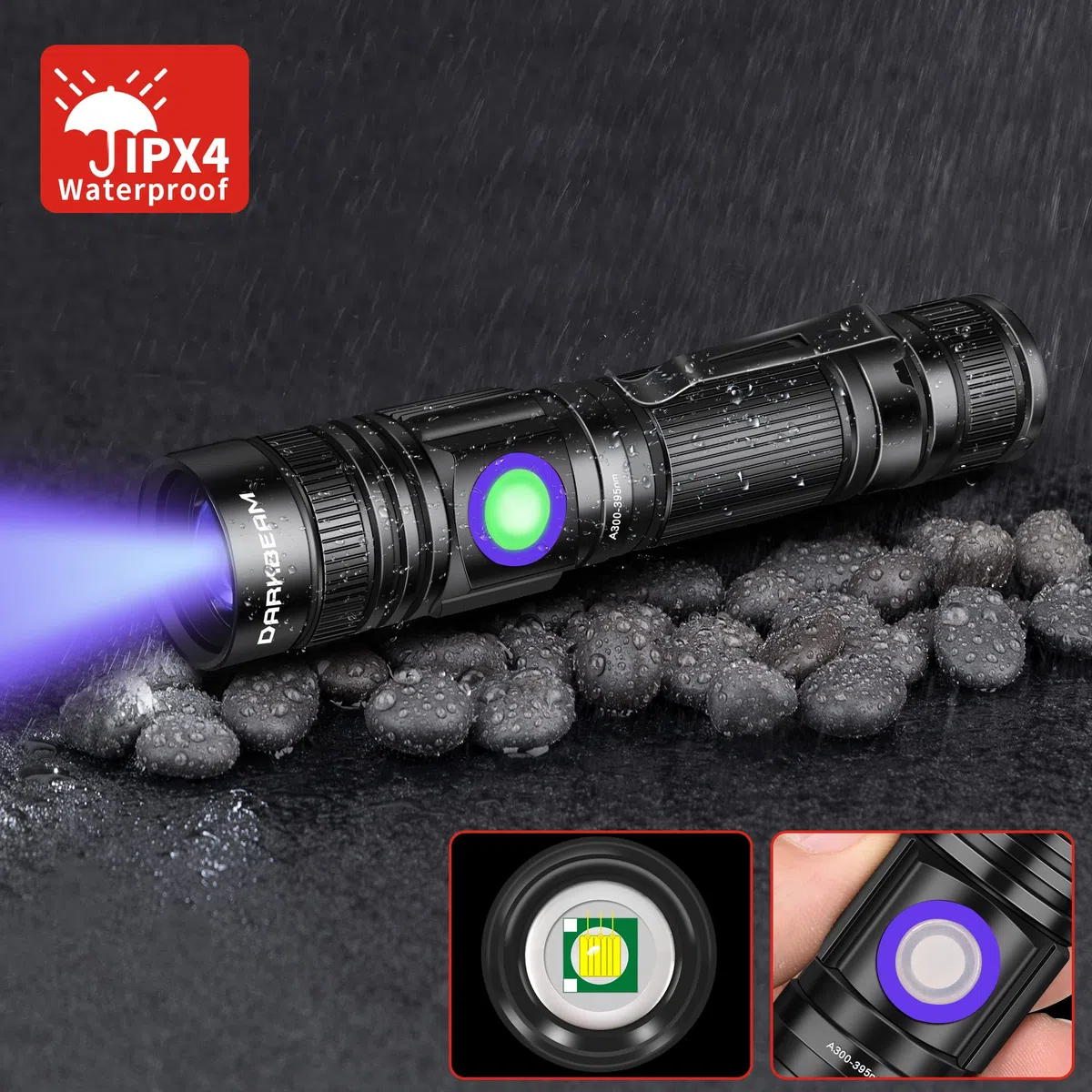 DARKBEAM Linterna UV Recargable 395nm, Mini Linterna Luz Negra Ultravioleta Potente LED, Lámpara de Madera Portátil, Detector de Orina para Mascotas, Curado de Resina, Minerales, con gafas UV