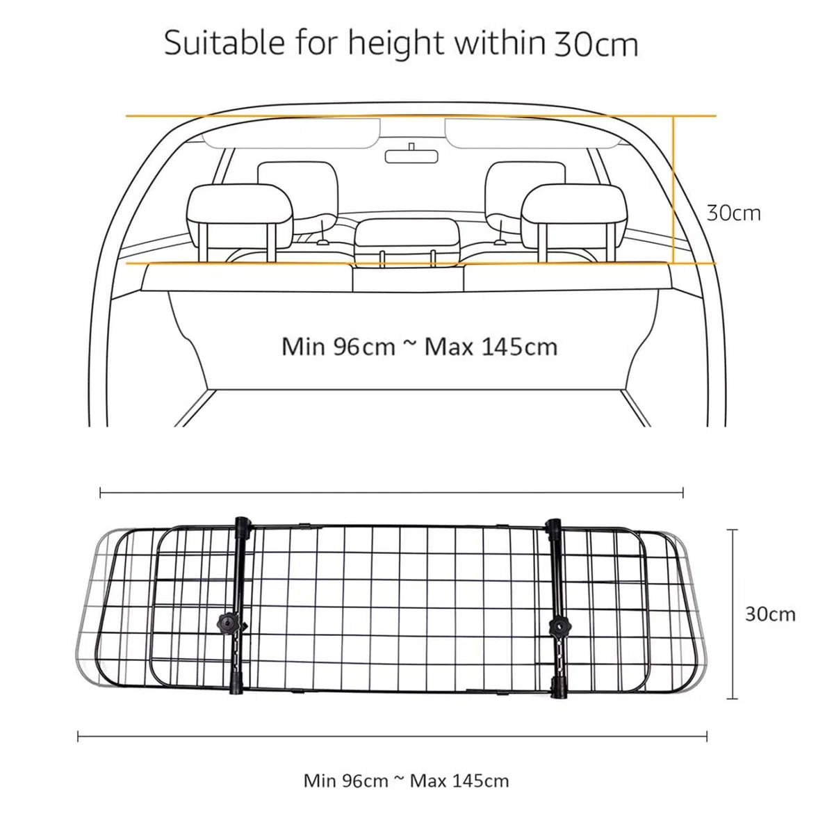 Nobleza - Barrera Protectora de Coche para Perros, Rejilla Separador Perro Coche Extensible Universal Reja de Seguridad Barrera, para Perro y Maletas Mascota Apoyo para Cabeza 96-145x30cm Acero