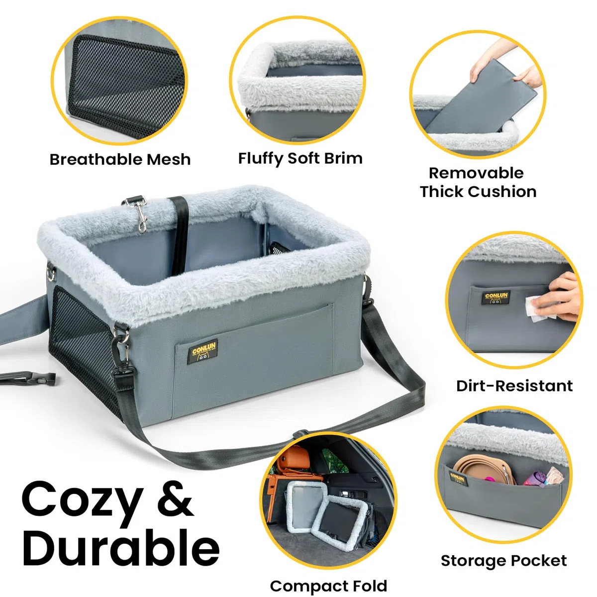 Conlun Asiento Coche Perro Pequeño y Gatos (hasta 9 kg) - Asiento Elevador Perro con Cinturón de Seguridad - Silla Coche Mascotas Plegable con Estructura de Acero (40x33x22 cm)