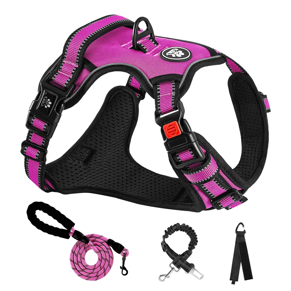 NESTROAD Arnes en H Antitirones Collar y Correa de Perro Coche, Cinturon de Seguridad Perros Antiescape Rosa Rojo, Talla M para Perros Mediano, Cuello 33~43CM Pecho 43~64, Perros Accesorios Básicos