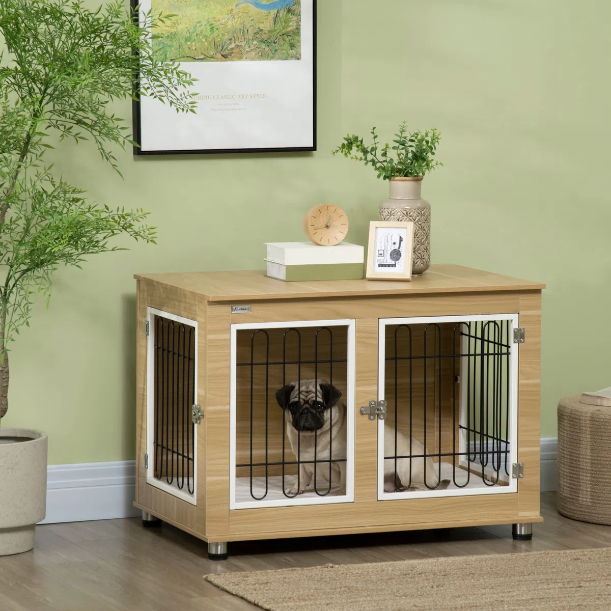 PawHut Jaula para Perros Mesa Auxiliar con Cojín Lavable Casa para Mascotas con Estructura de Acero para Perros Medianos y Grandes 90x58x65 cm Roble