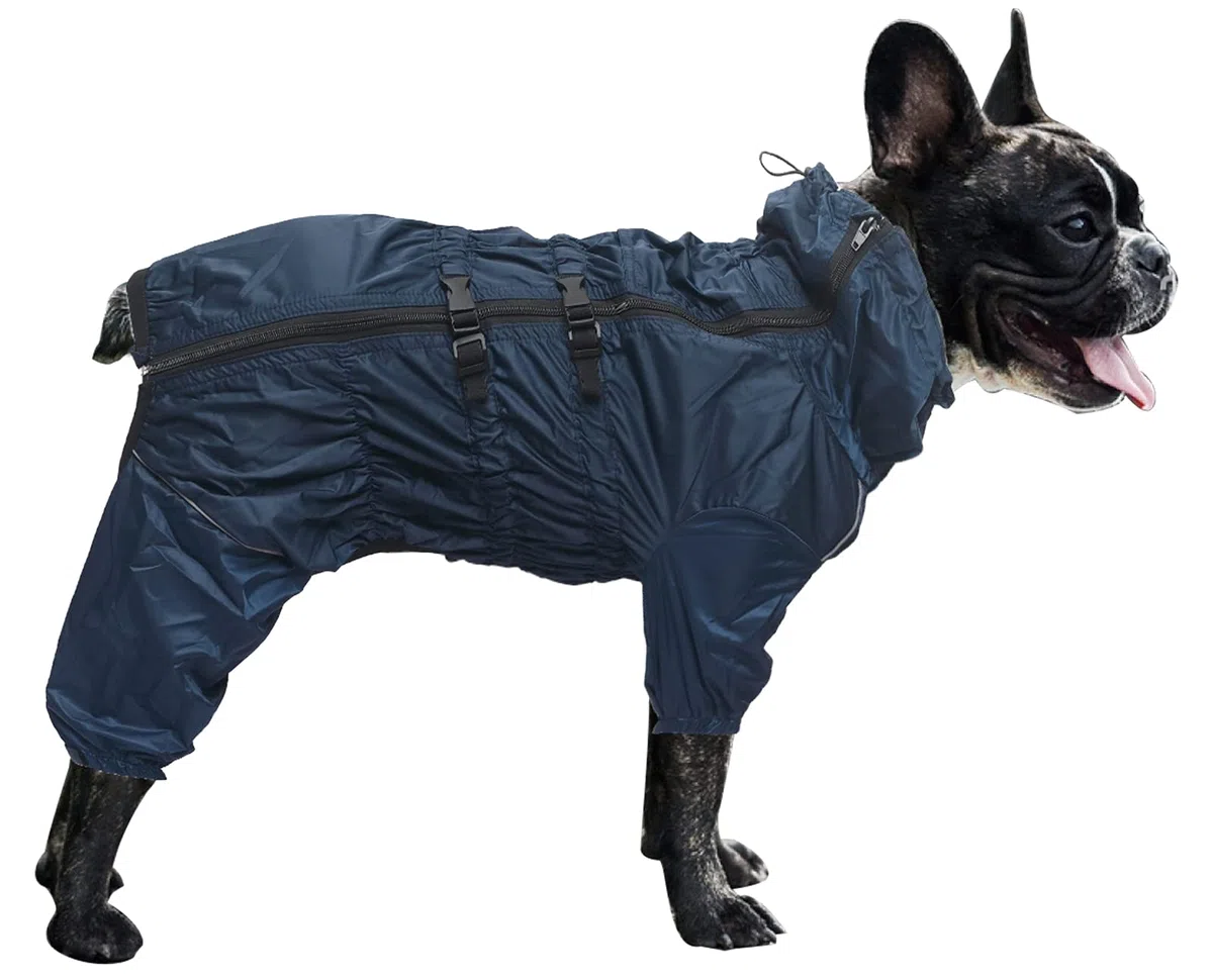 MOREZI Chubasquero para Perros de Cuatro Patas, Impermeable y Transpirable, diseño de Cremallera Trasera, con cordón Ajustable, fácil de Poner y Quitar-Azul Navy-XXL