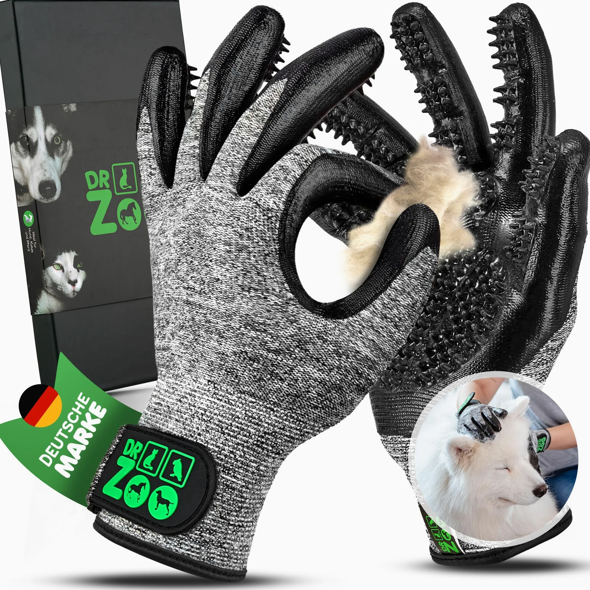 Guantes profesionales de aseo Dr. Zoo para cualquier mascota con pelo corto, mediano y largo; se pueden utilizar como cepillo de perro/gato/caballo o peine de curry; guante de aseo para eliminar el