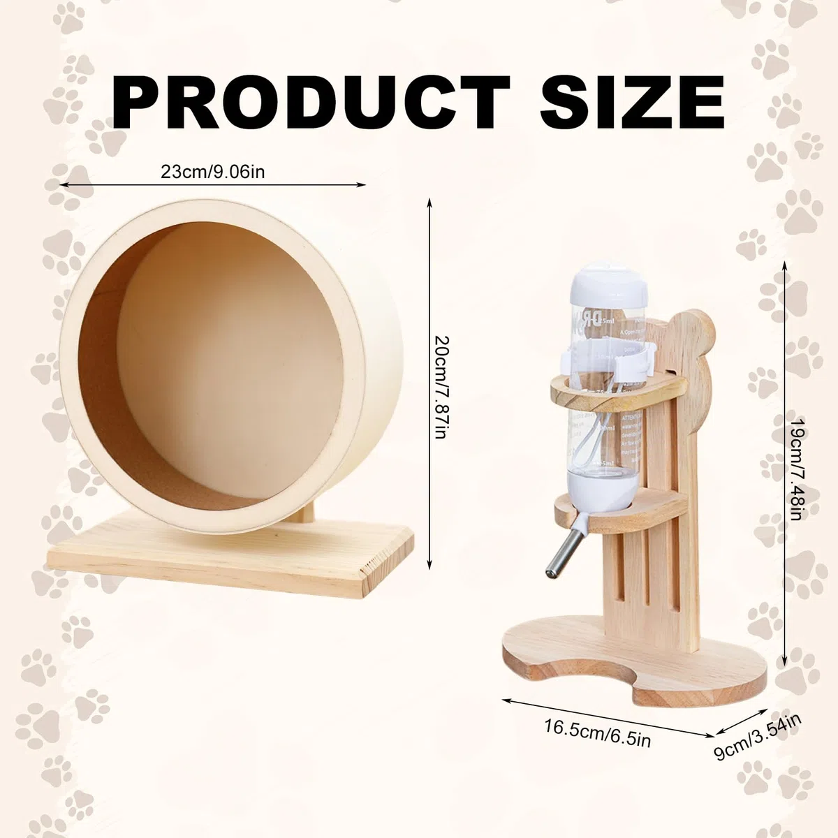 Juego de 2 botellas de madera para hámster con soporte, 20 cm, rueda de hámster de madera, botellas de agua de 125 ml, rueda silenciosa con rodamiento de bolas para animales pequeños, hámsters