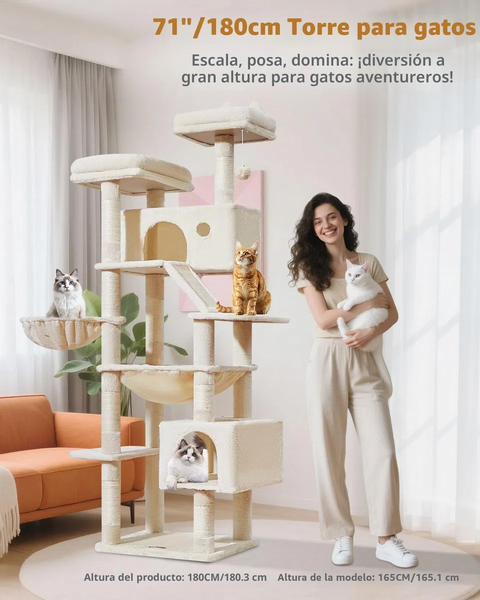 TaoqimiaoRascador para Gatos Grandes, 180CM Estable Arbol Rascador para Gatos com Cuevas, Cesta, Hamaca, Postes, MS026LM Beige