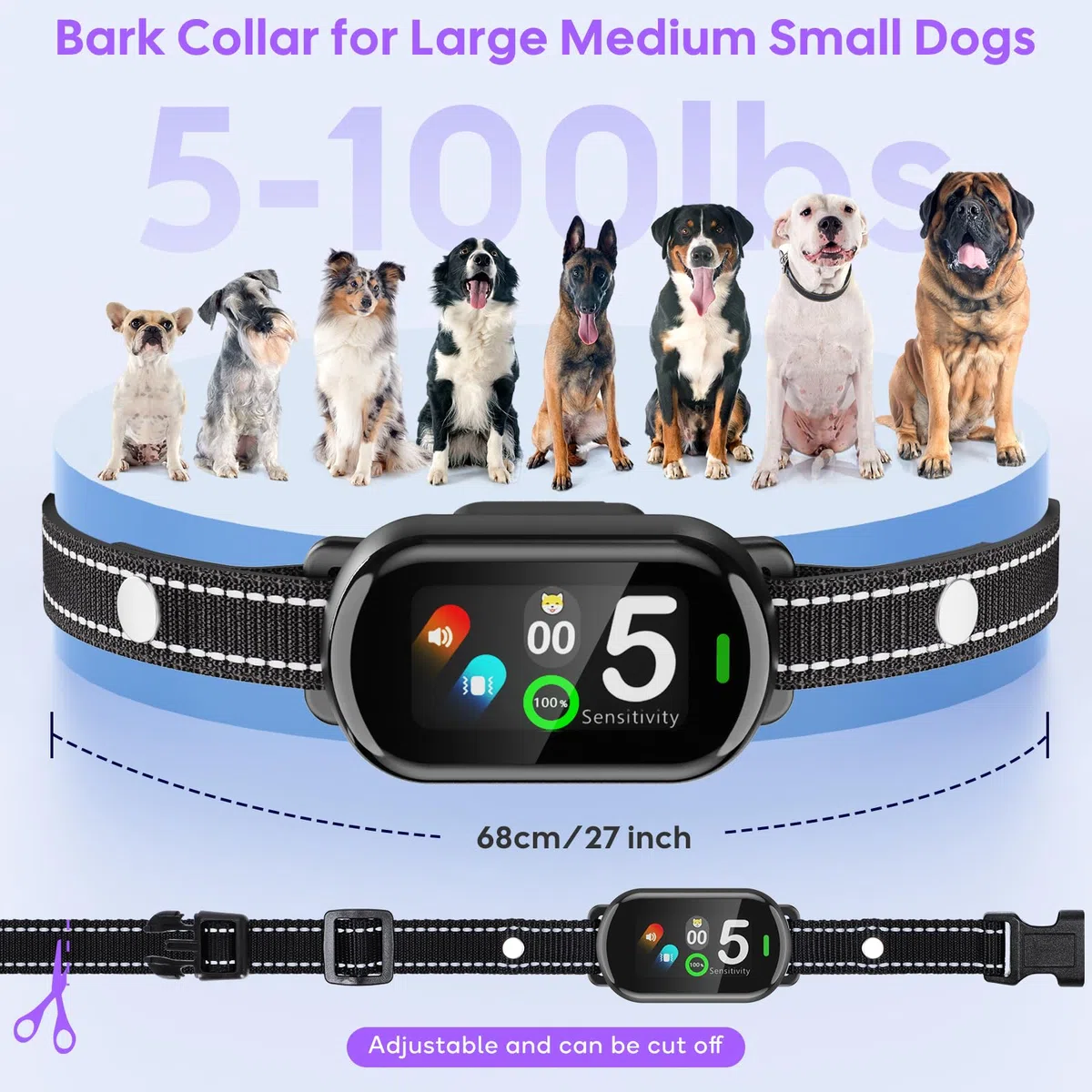 Collar Antiladridos Perros Grande Mediano Pequeño, Collar Adiestramiento para Perros 5-100lbs, 5 Niveles de Sensibilidad, 3 Modos de Sonido y Vibración, Resistente al Agua IP67 y Recargable