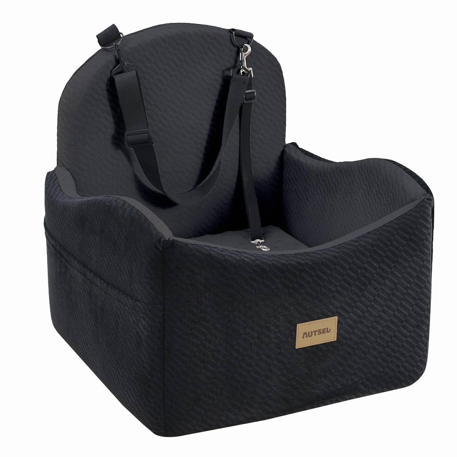 Asiento de Coche para Perros Medianos y Pequeños – Elevador Impermeable y Lavable con Arnés, Bolsillos y Base Antideslizante, para Asiento Trasero o Delantero, Negro