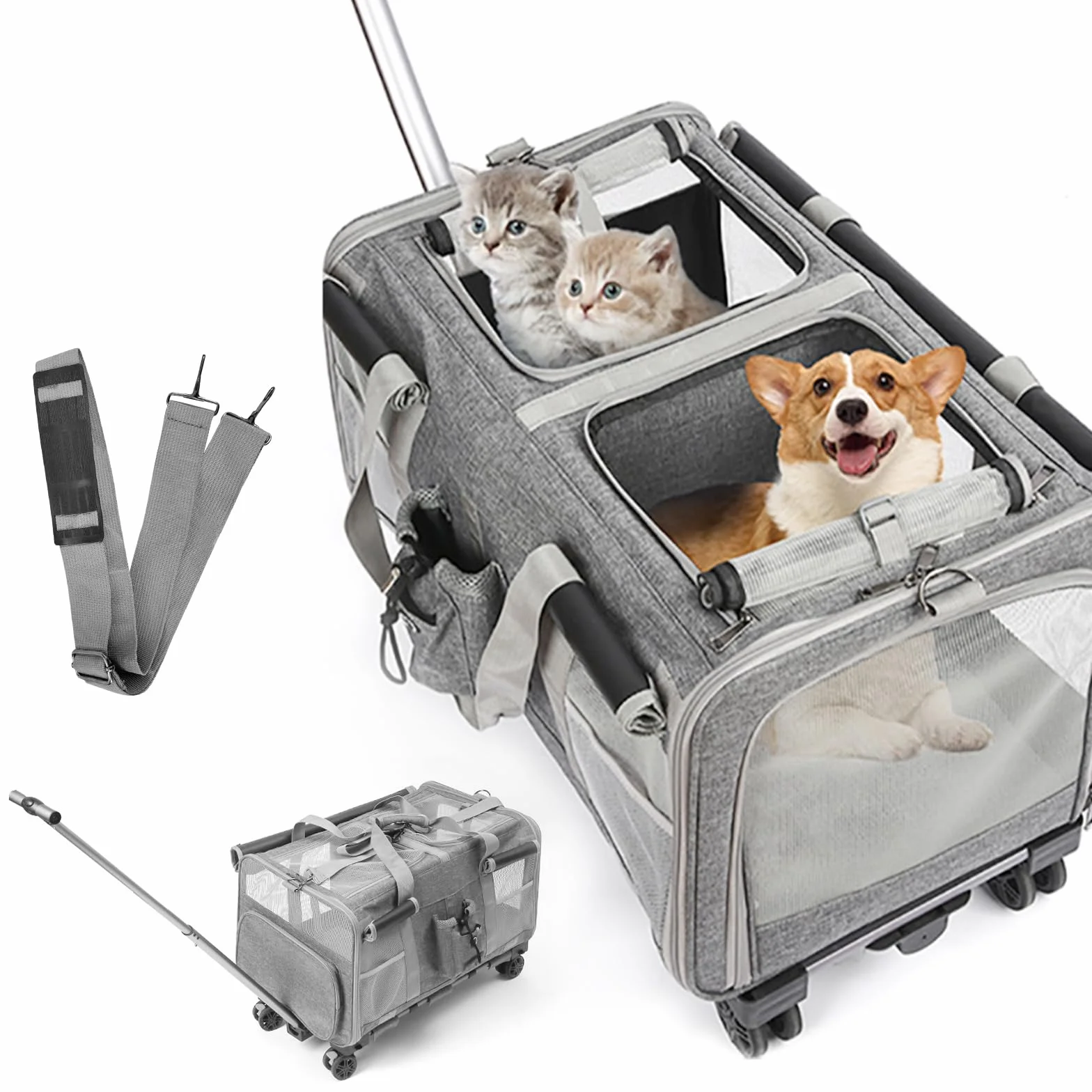 Transportín para Mascotas con Ruedas y Asa Telescópica, Carga Máxima 20 kg, Expandible Transportin Gato/Perro, para Viajar en Tren/Automóvil/Restaurante/Avión