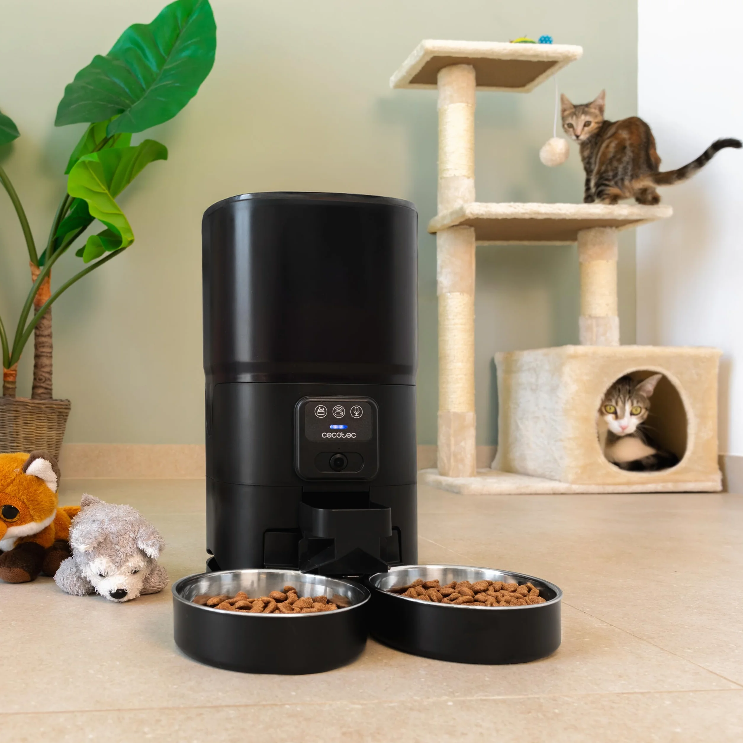 Cecotec Comedero Dispensador Automático para Mascotas con Control WiFi, Cámara y Grabadora de Voz Pumba 8600 Double Meal Vision. 7L, Programable, Control de Porciones, Doble Bowl de Acero INOX, App