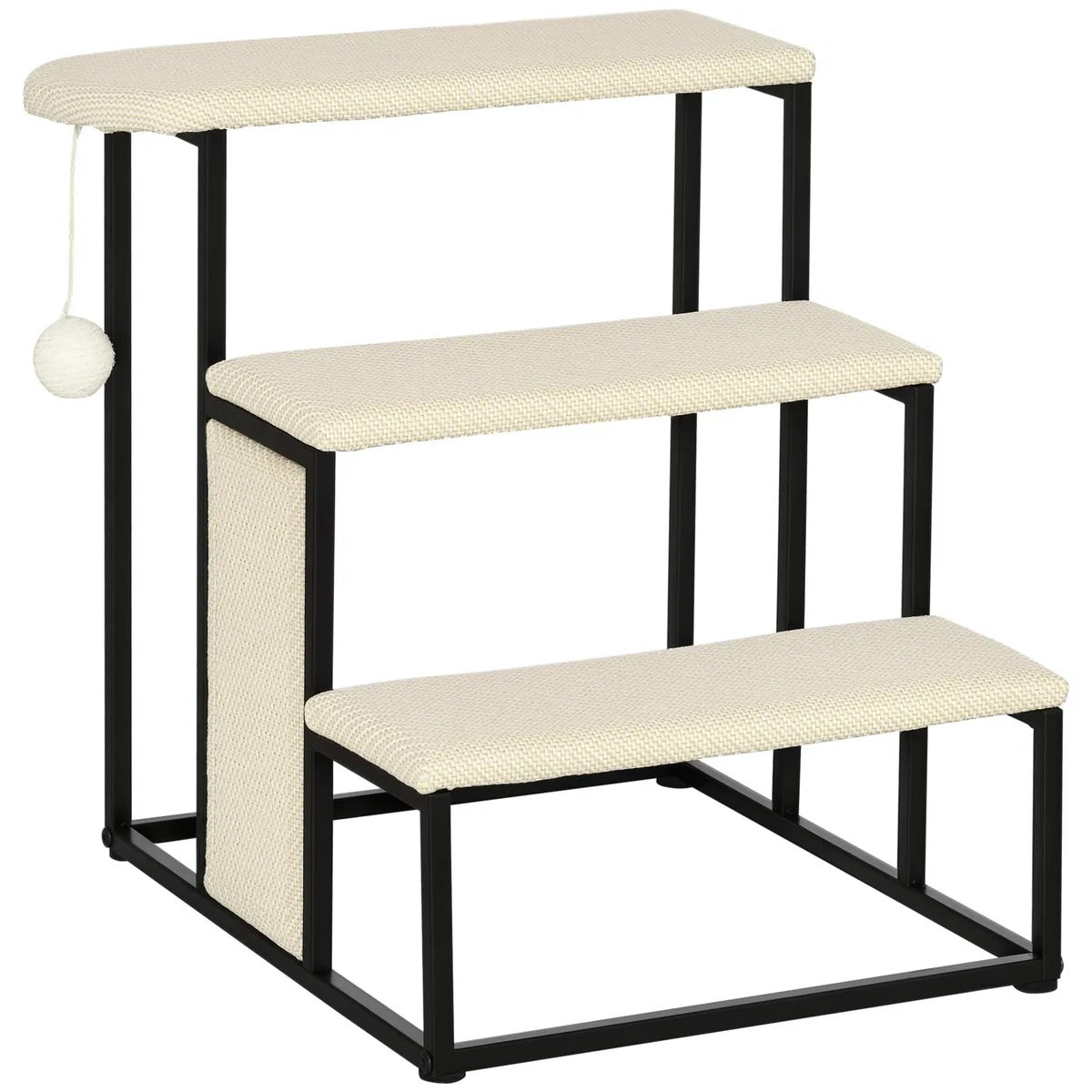 PawHut Escalera para Perros de 3 Niveles Escalera para Mascotas con 3 Escalones Bola Colgante Tablero de Rascar y Marco de Acero 47x45x47 cm Crema y Negro