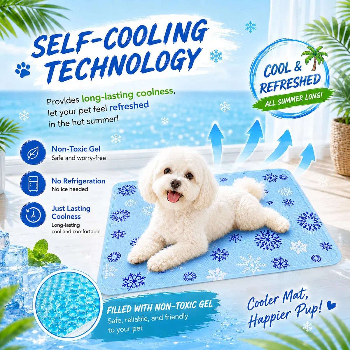 Alfombra Refrescante Perros y Gatos 50x40 cm, Alfombrilla Refrigerante con Gel no Tóxico, Cama Refrescante Perro Impermeable para Mascotas Pequeñas (Copos de Nieve Azules)
