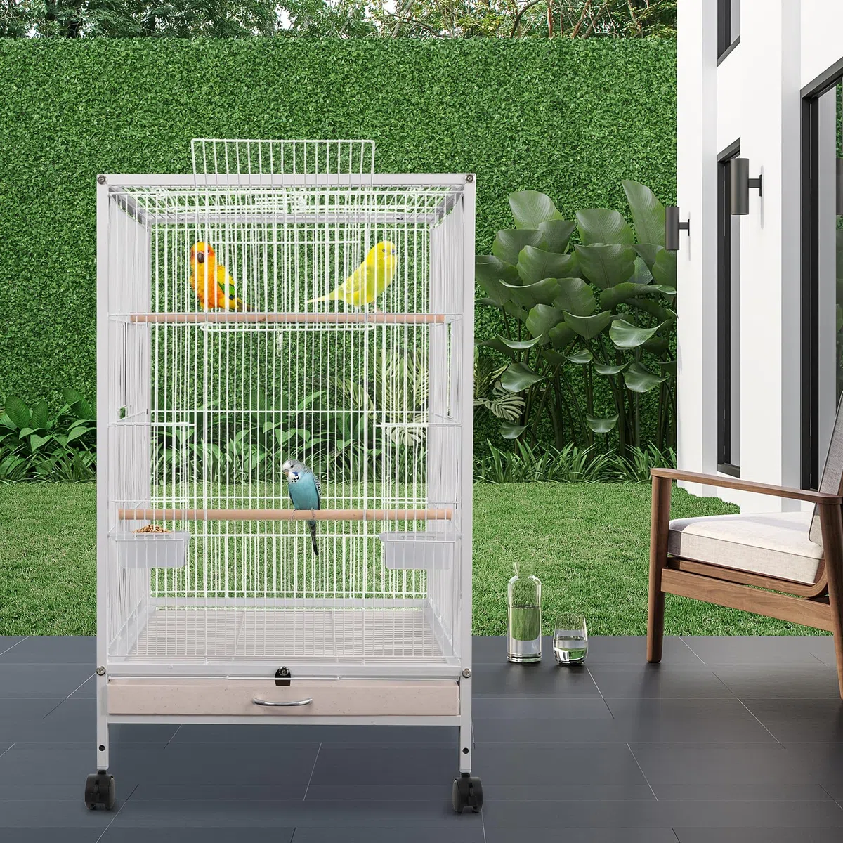 Jaula grande para pájaros, jaula interior para loros, pajarera de metal con ruedas de transporte, apertura hacia arriba, jaula para pájaros, 46 x 46 x 94 cm, jaula para periquitos con 3 perchas