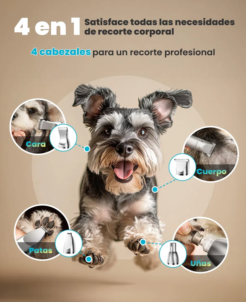 oneisall 4 en 1 Silencioso Maquina cortar pelo perros y Gatos, Impermeable IPX7 Cortapelos Perros, Profesional Maquina de Cortar pelo Perro&Cortapatas&Pulidora para Cuerpo, Patas, Ojos, Orejas y Cara
