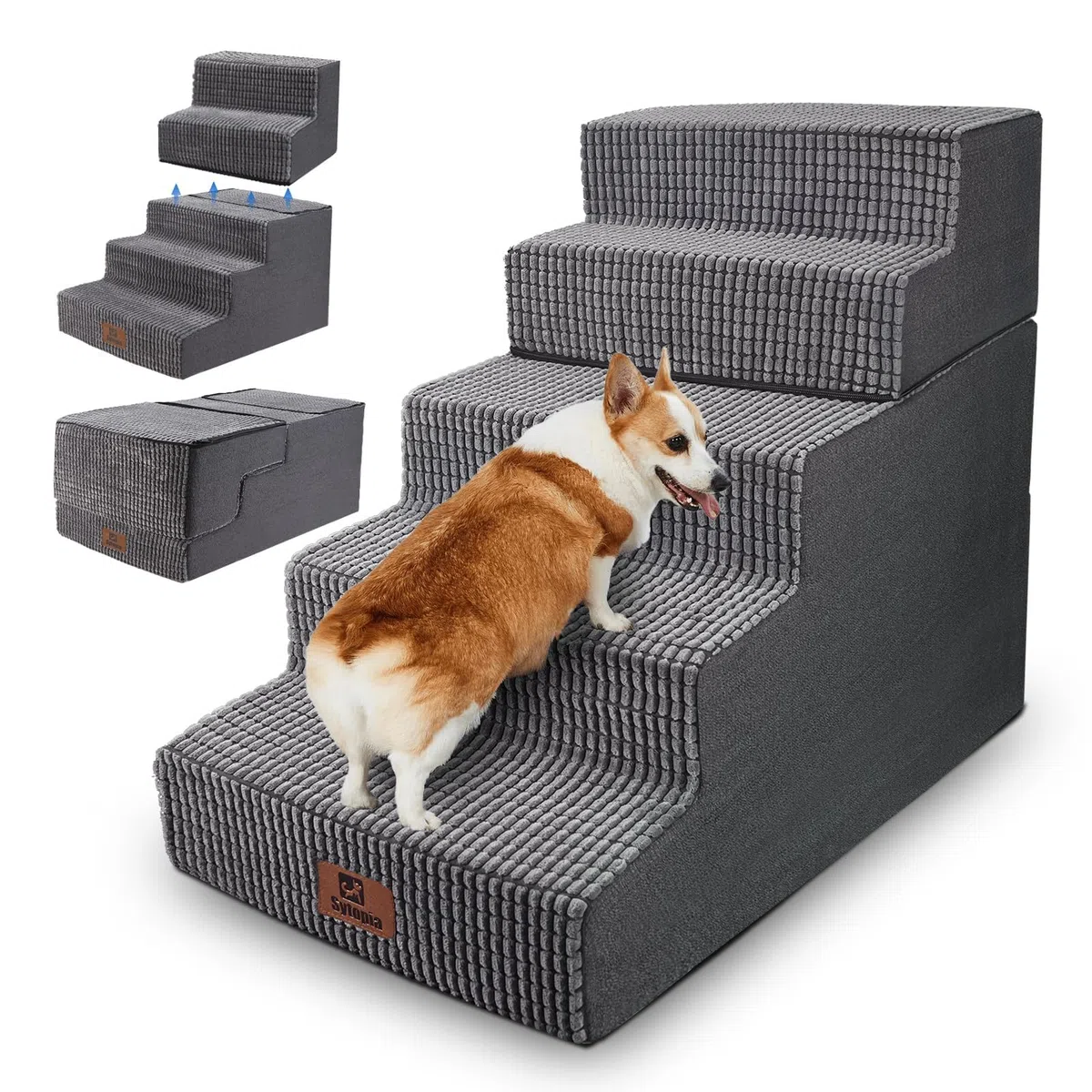Sytopia Escalera para perros grandes, 5 peldaños de altura, para cama de 60 cm, lavable, espuma de alta densidad, para perros mayores heridos (57 cm de altura, gris)