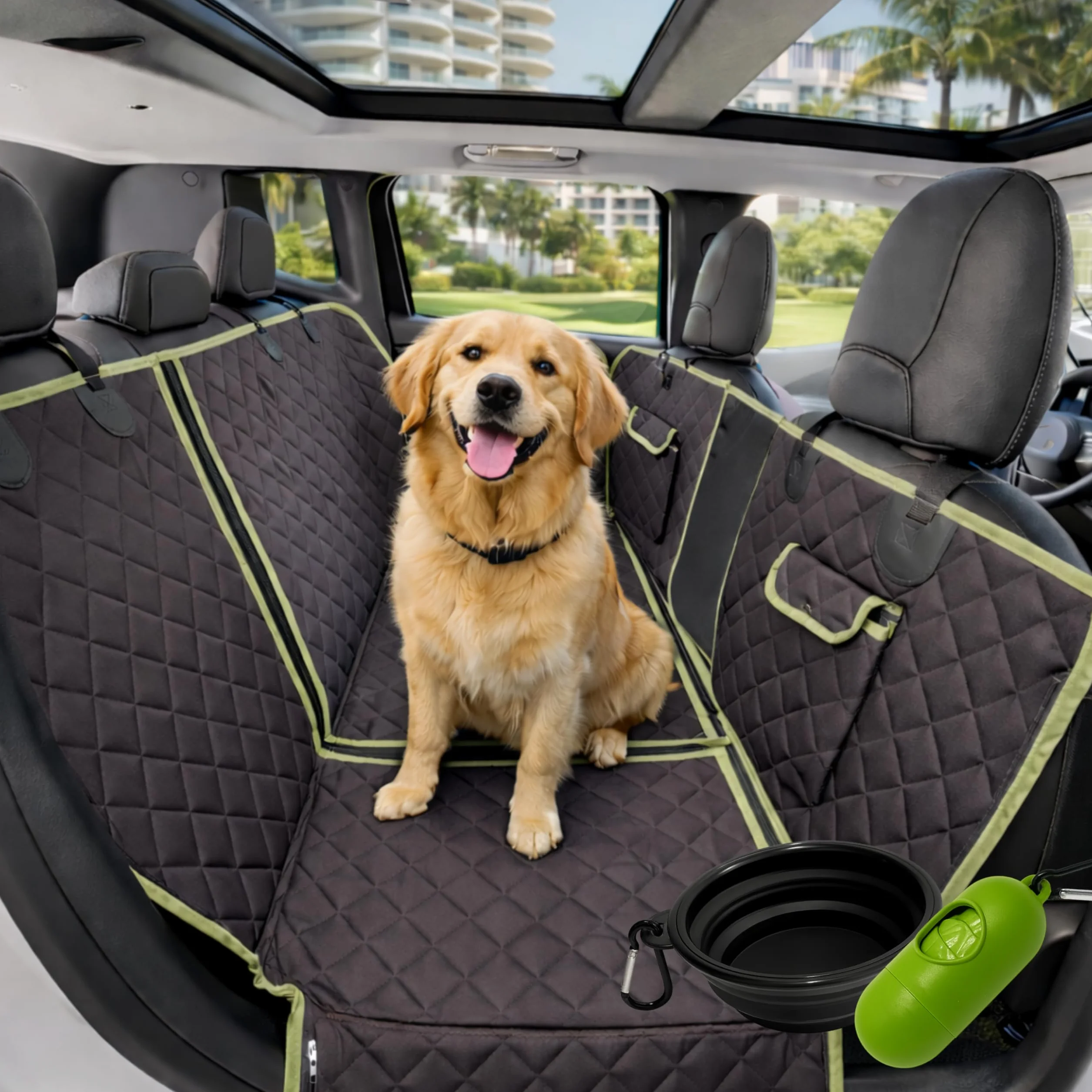 Funda Perro Coche Asientos Traseros 6-En-1 | Fundas para Coches Asientos Impermeables 600D con Ventana De Malla Y Laterales Elevados | Protector Asiento Coche Perro Trasero Negro/Verde