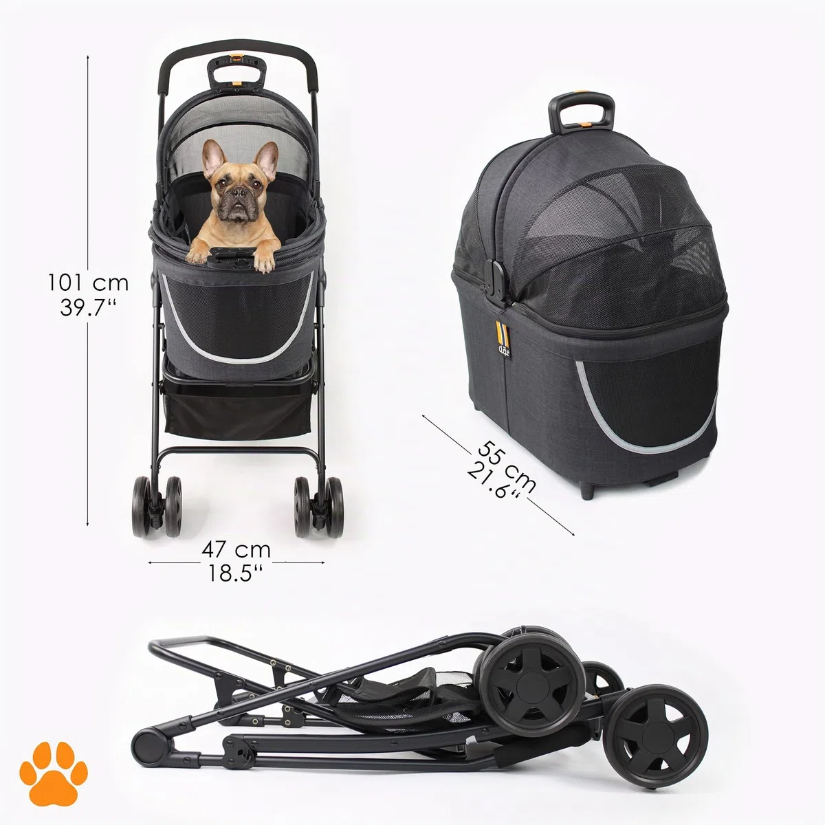 Modelo COCO 2 IN1 – Carrito de paseo perros hasta 15kg, cesta adicional para las compras o los accesorios de tu mascota, fácil de plegar y con ruedas flexibles diseño moderno