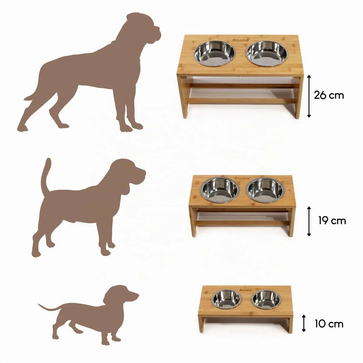 lionto Comedero para Perros Elevado comedero para Perros Barra de Comida de bambú para Mascotas 2 Cuencos de Acero Inoxidable Antideslizante, (M) 44x20x19 cm