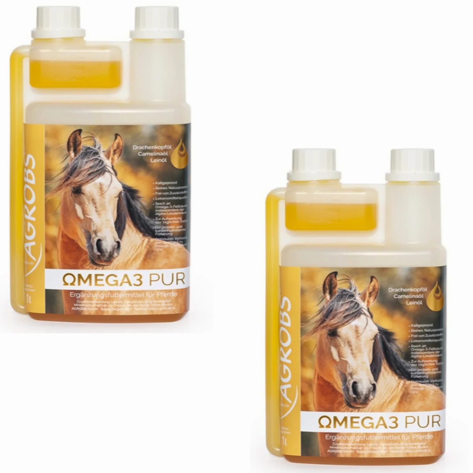 Agrobs Mezcla de aceite OMEGA3 Pur para caballos, pack doble, 2 botellas de 1 L
