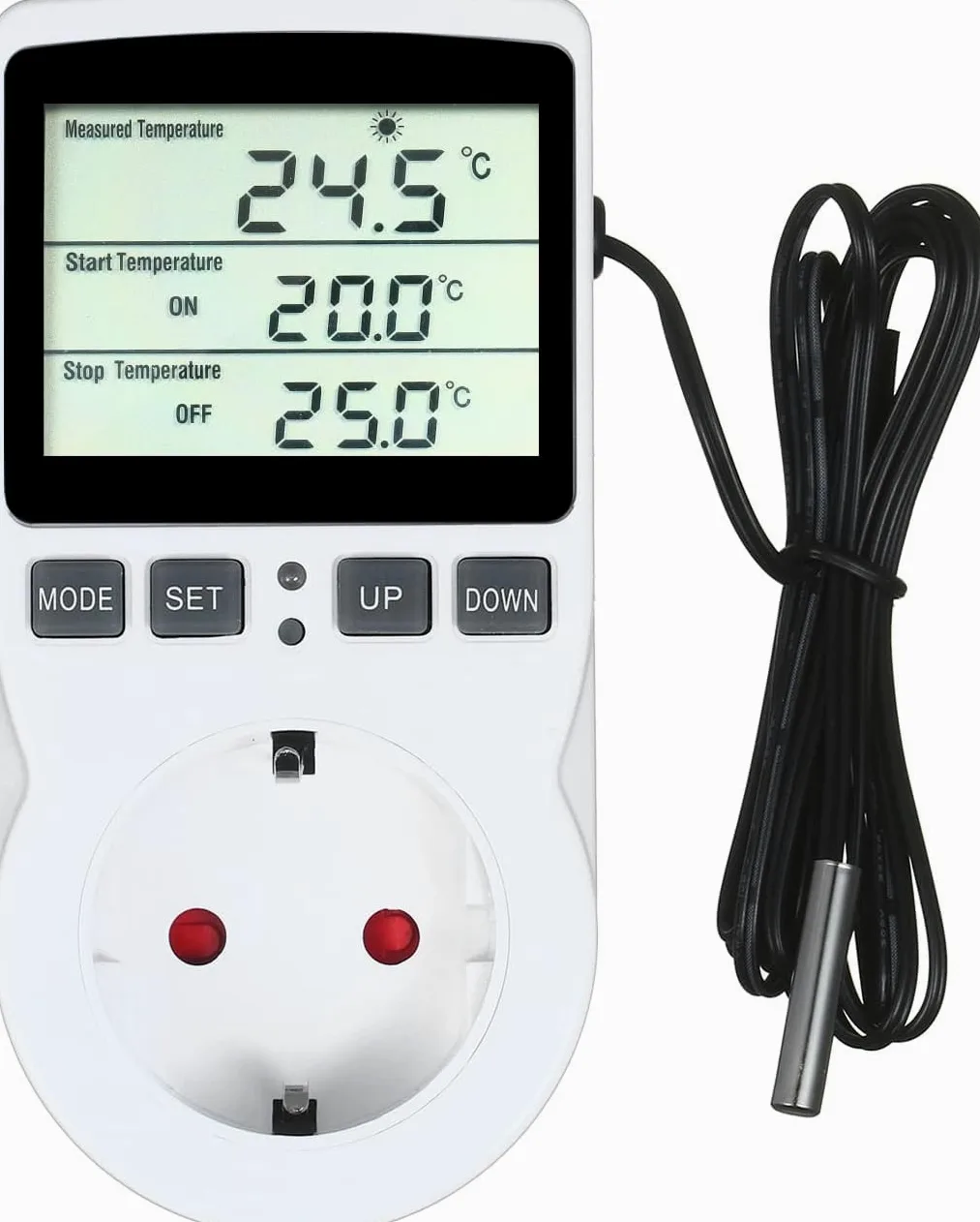 Termostato Digital, Weytoll Termostato LCD Enchufe de Salida Control de Enfriamiento de Calefacción para Terrario Acuario Reptiles Toma de Salida con Control de Temperatura con Temporizador y Sonda