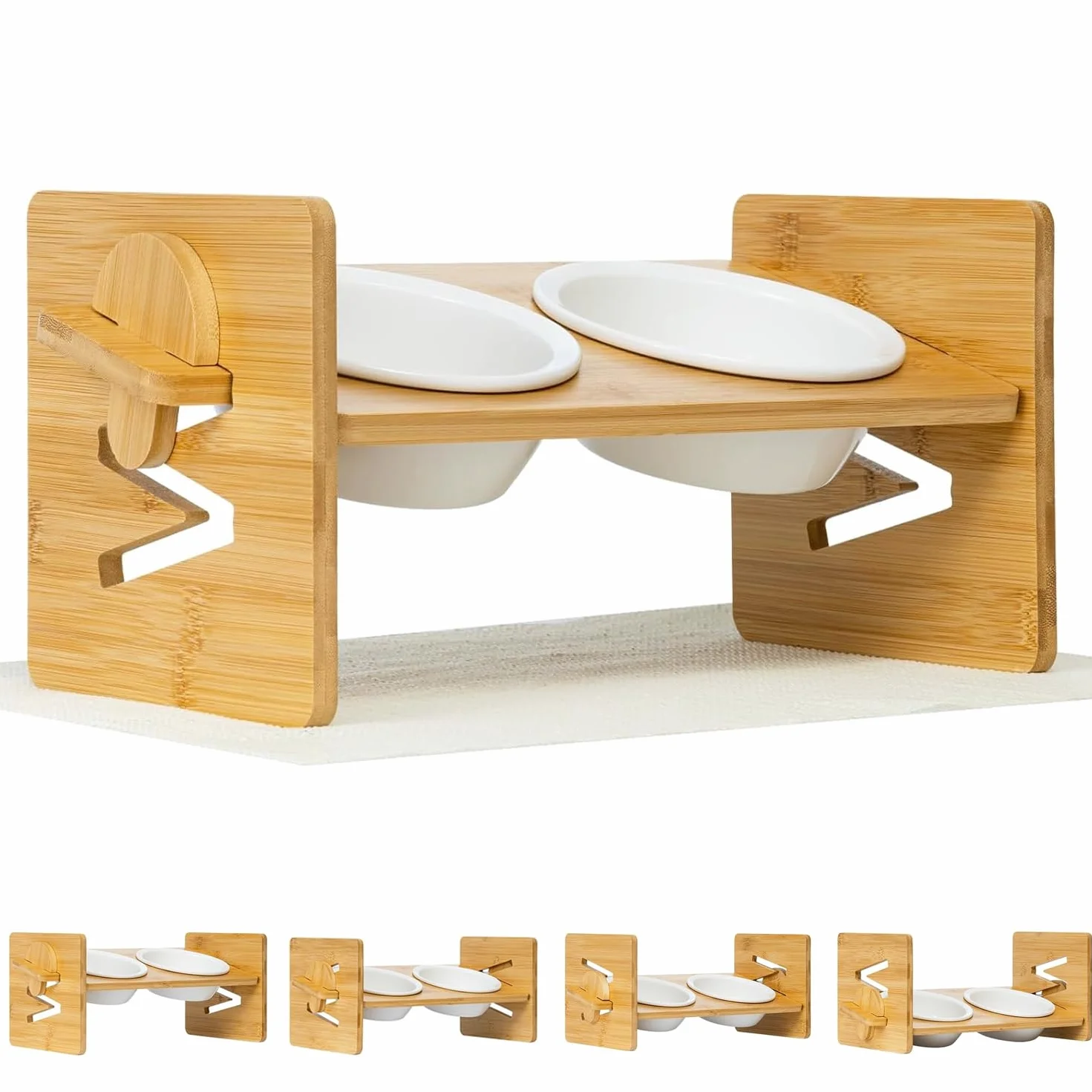 Comedero Gato - Comedero Elevado Perro - Cuencos con una inclinación de 15 º para Agua y Comida en Soporte de bambú, Juego para Gatos y Cachorros