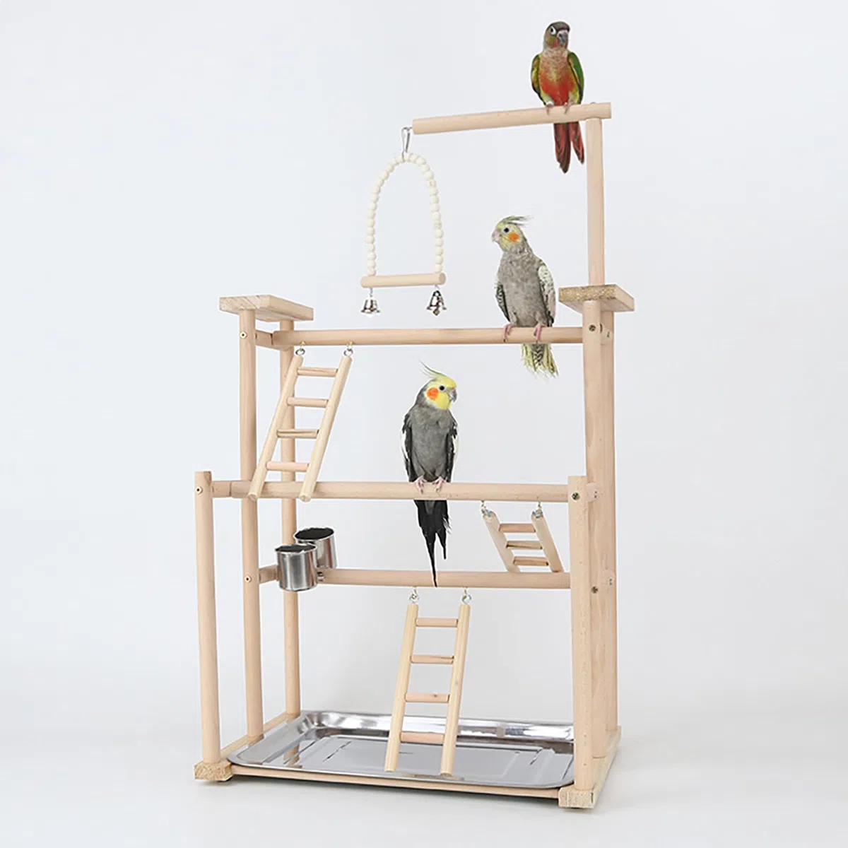 Soporte de madera para loros pequeños y medianos, cacatúas, pinzones, tortolitos, soporte de juego para pájaros y parque infantil con perchas, 44 x 31 x 79 cm
