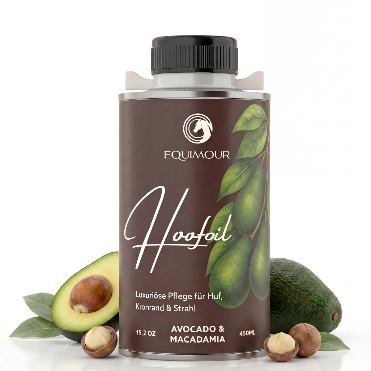 Aceite para pezuñas con pincel para caballos, aguacate y macadamia, cuidado de pezuñas con vitamina E, para pezuñas, borde de corona y chorro, brillo natural y aspecto bien cuidado, 450 ml