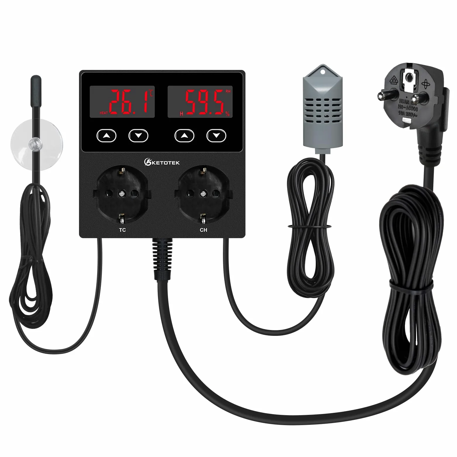 KETOTEK Enchufe con Higrostato Termostato con Sonda, Controlador de Humedad y Temperatura Regulador Digital 220V con Alarma para Terrario Reptil Invernadero Incubadora Humidificador Deshumidificador