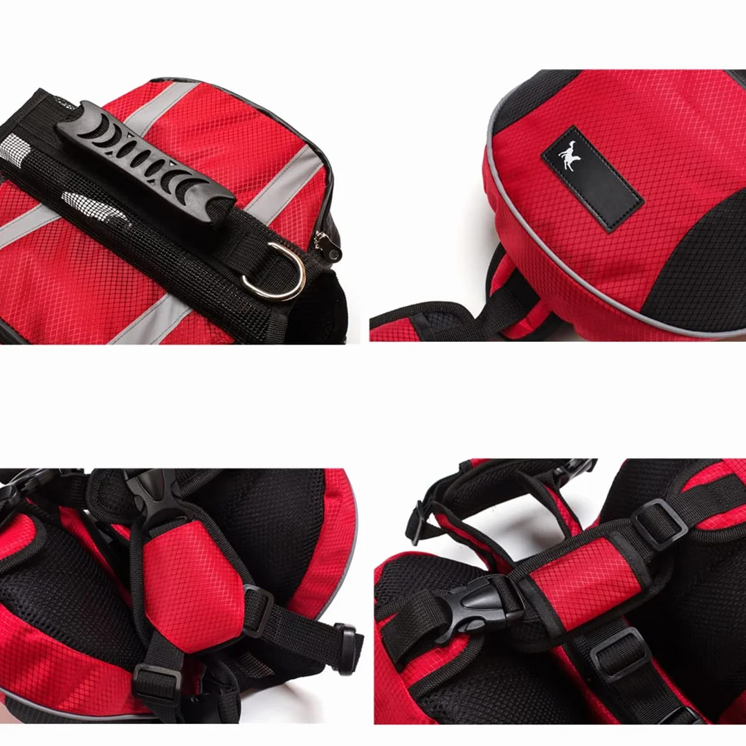 Arnés Chaleco Mochila para Perro Mediano y Grande, Bolsa Sillín Portador Impermeable para Senderismo Viaje Paseo, Alforja Ajustable con Tira Reflectante para Mascota (Rojo, M (Perro 18kg - 28kg)