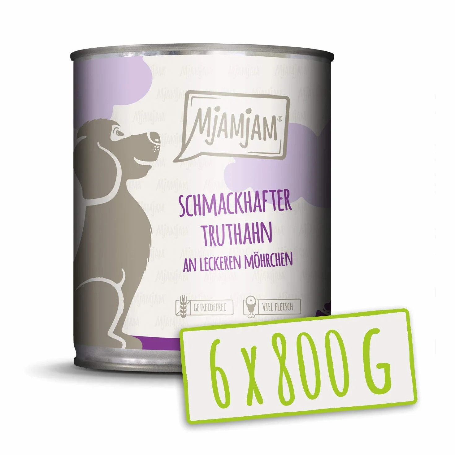 MjAMjAM - comida húmeda premium para perros - sabroso pavo con deliciosas zanahorias, pack de 6 (6 x 800 g), sin cereales con extra de carne