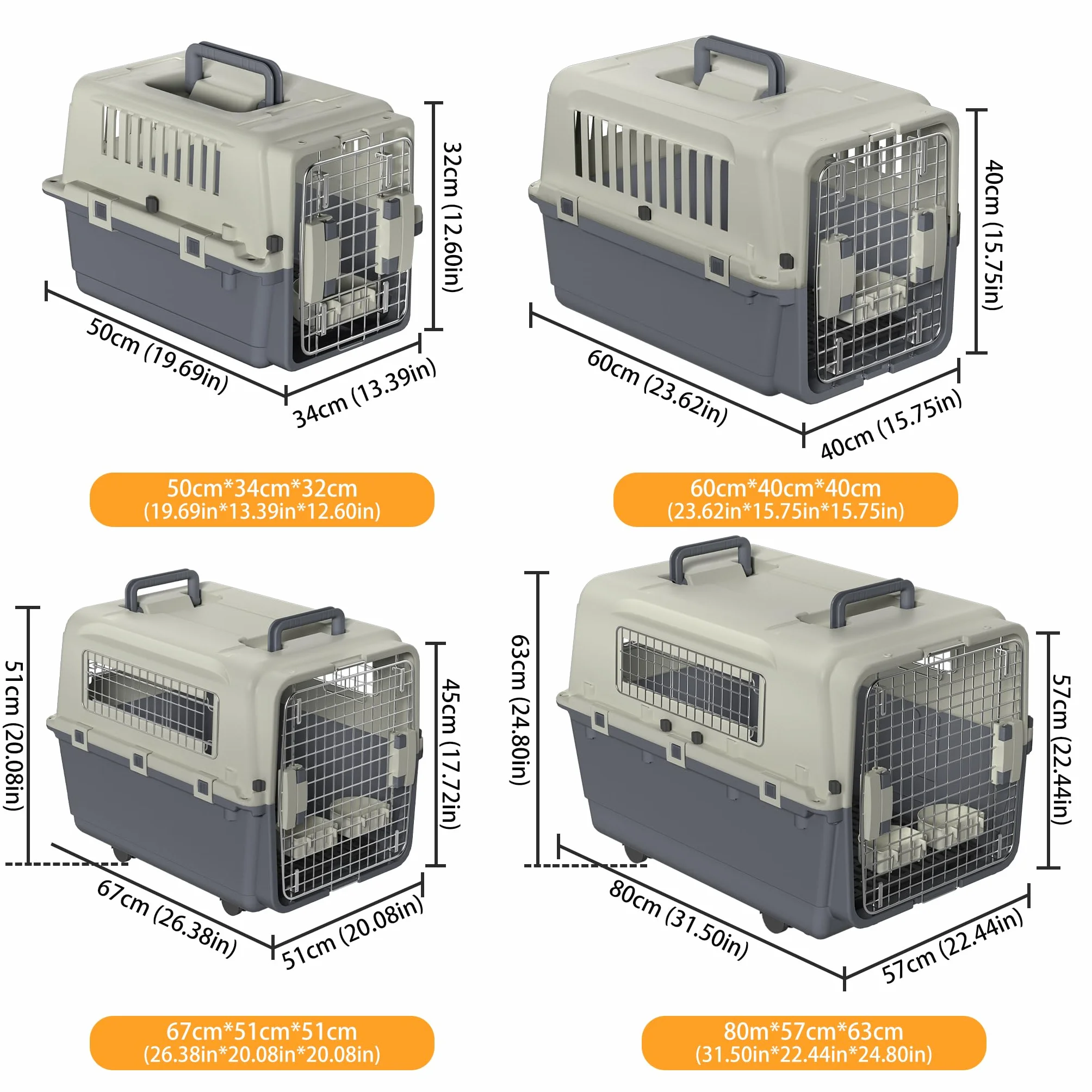 Froadp Transportbox para mascotas, perro, gato, caja de plástico PP, 67 x 51 x 58,5 cm, caja de transporte para gatos, caja de transporte para perros con ruedas, espaciador de orina y cuencos