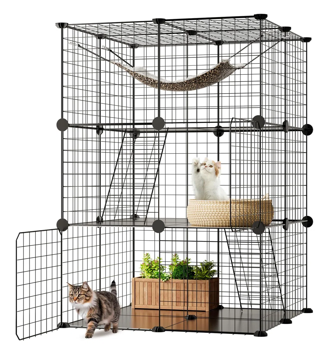 The Fellie Jaula para gatos para interiores, caja de parque de juegos de 3 niveles, jaula para gatos, corralito desmontable de alambre de metal, lugar de ejercicio grande ideal para 1-2 gatos,