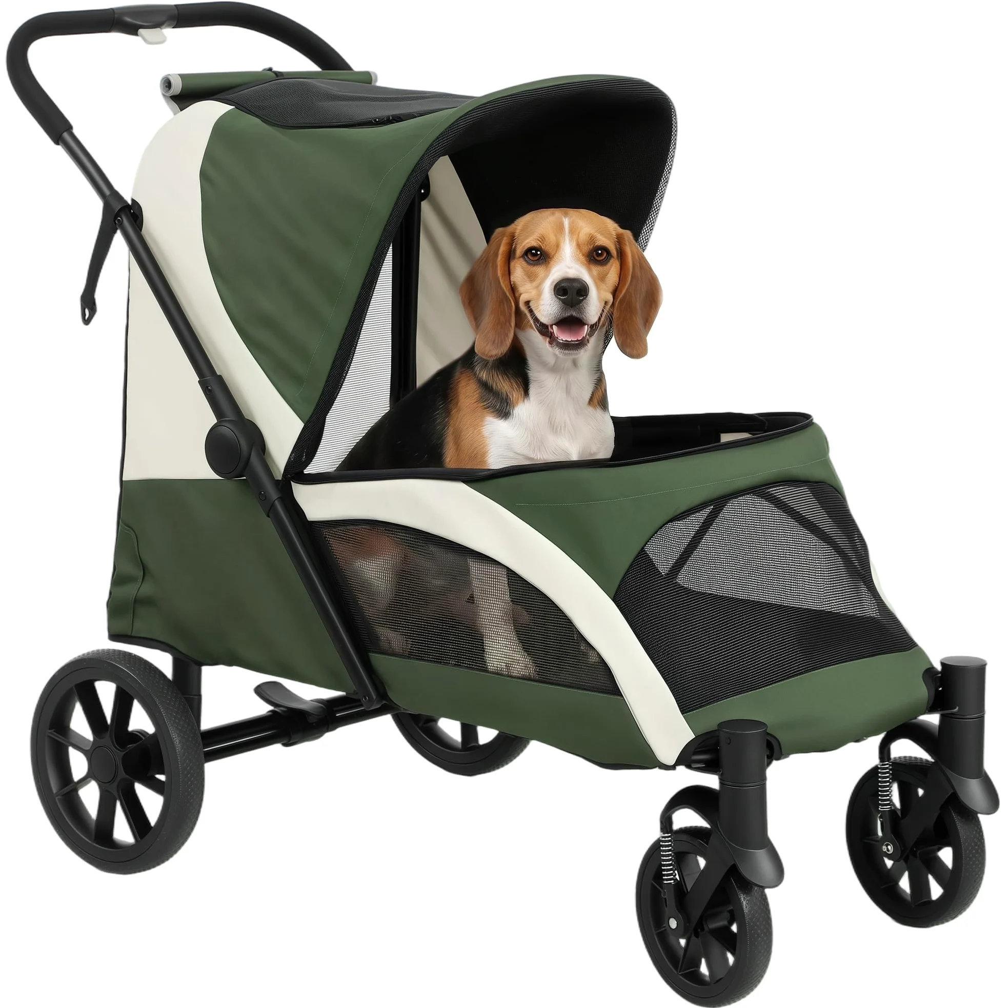 PawHut Cochecito plegable para perros y gatos grandes, hasta 30 kg, con cojín, ventanas de red y puertas, bolsa de almacenamiento, color verde oscuro