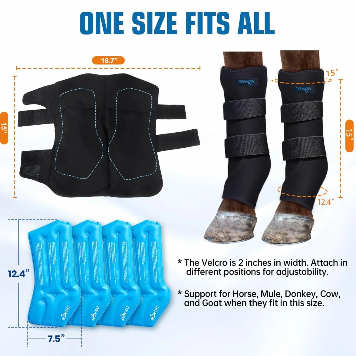 NEWGO Polainas de refrigeración para Caballo, Reutilizables, para Lesiones, para la Rodilla, 2 Vendaje con 4 acumuladores de frío para Botas y pezuñas (2 Unidad)