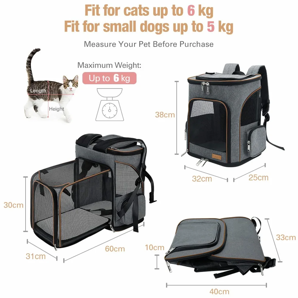 Lekesky Transportin Gato Mochilas para Gatos y Perro Bolsa para Mascotas Expandible Mochila Gato para Automóvil/Avión (Gris, M)
