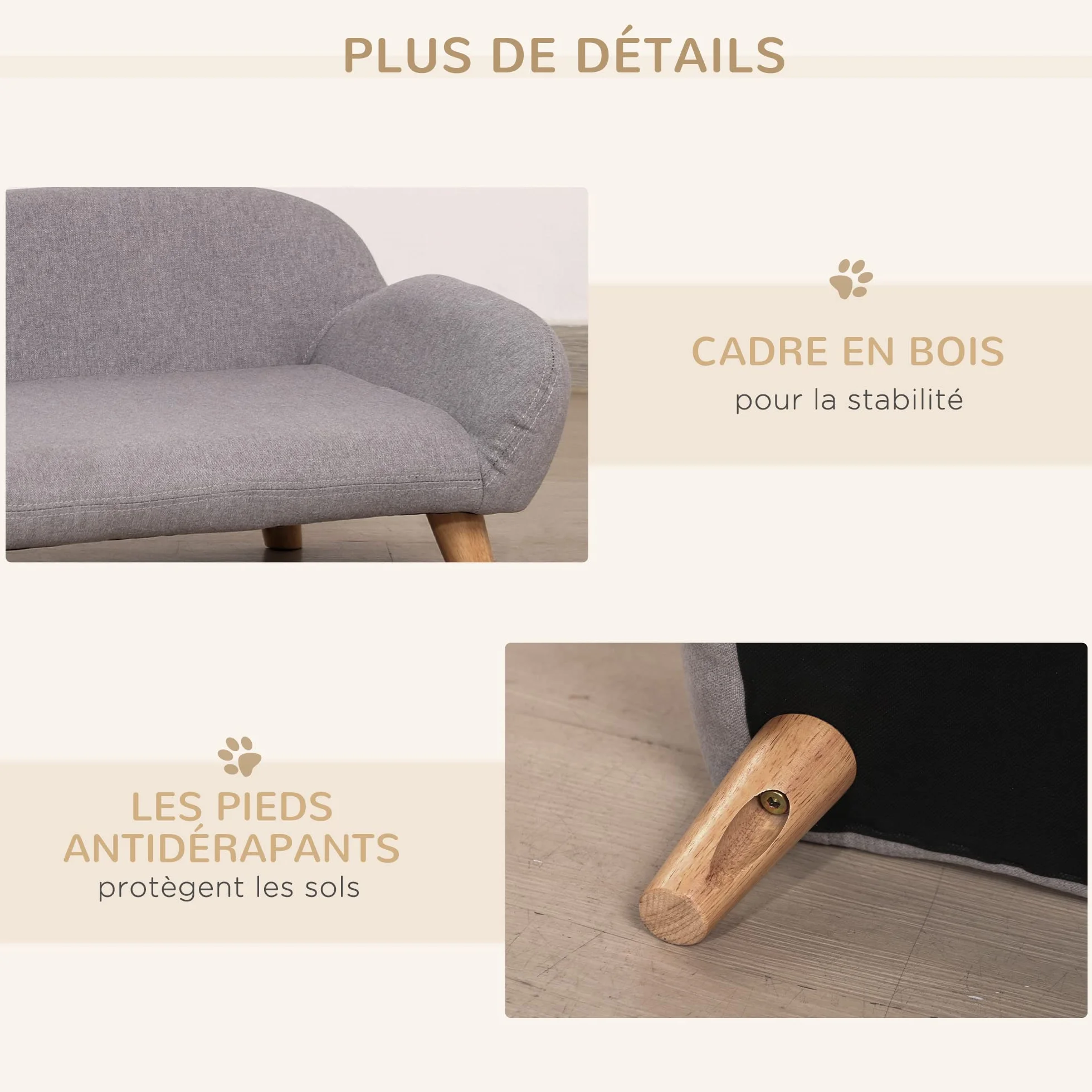 PawHut Sofá para Perros Sofá para Mascotas de Estilo escandinavo con Patas cónicas de Madera tapizado en Tela 72 x 44 x 31 cm - Gris