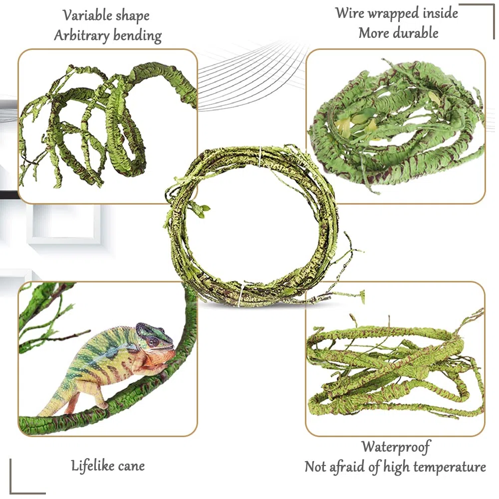 Hamiledyi Plantas de reptiles flexibles para trepar en la selva, rama de terrario, hojas de plástico flexible, decoración de hábitat para mascotas, dragón barbudo, lagarto, rana, serpiente, accesorios