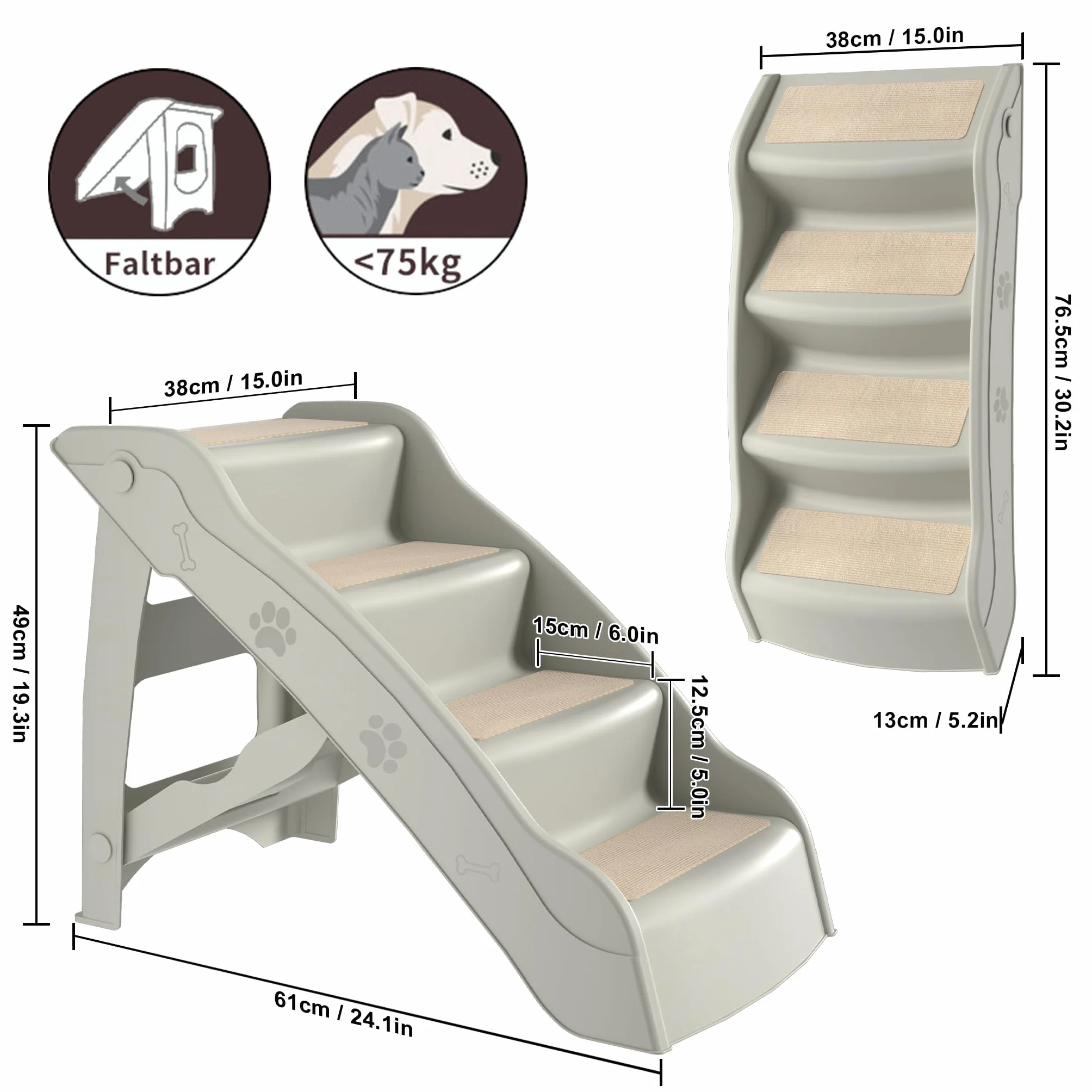 UISEBRT Escalera plegable para perros, 4 peldaños, para mascotas, con alfombrilla antideslizante y barra de apoyo para mascotas de hasta 75 kg, color gris